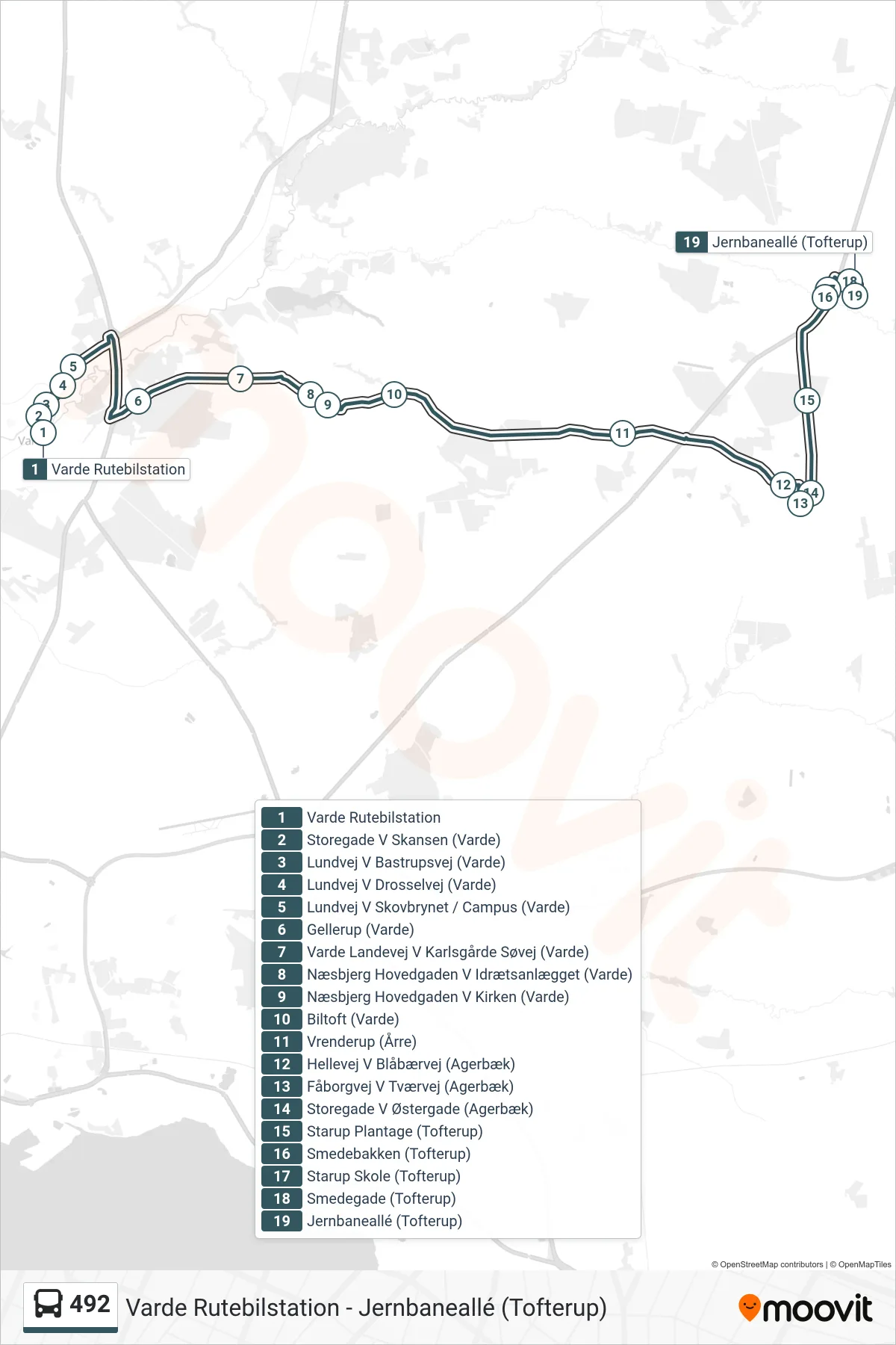492 bus Linje (Jernbaneallé (Tofterup)) rute og stop på et kort