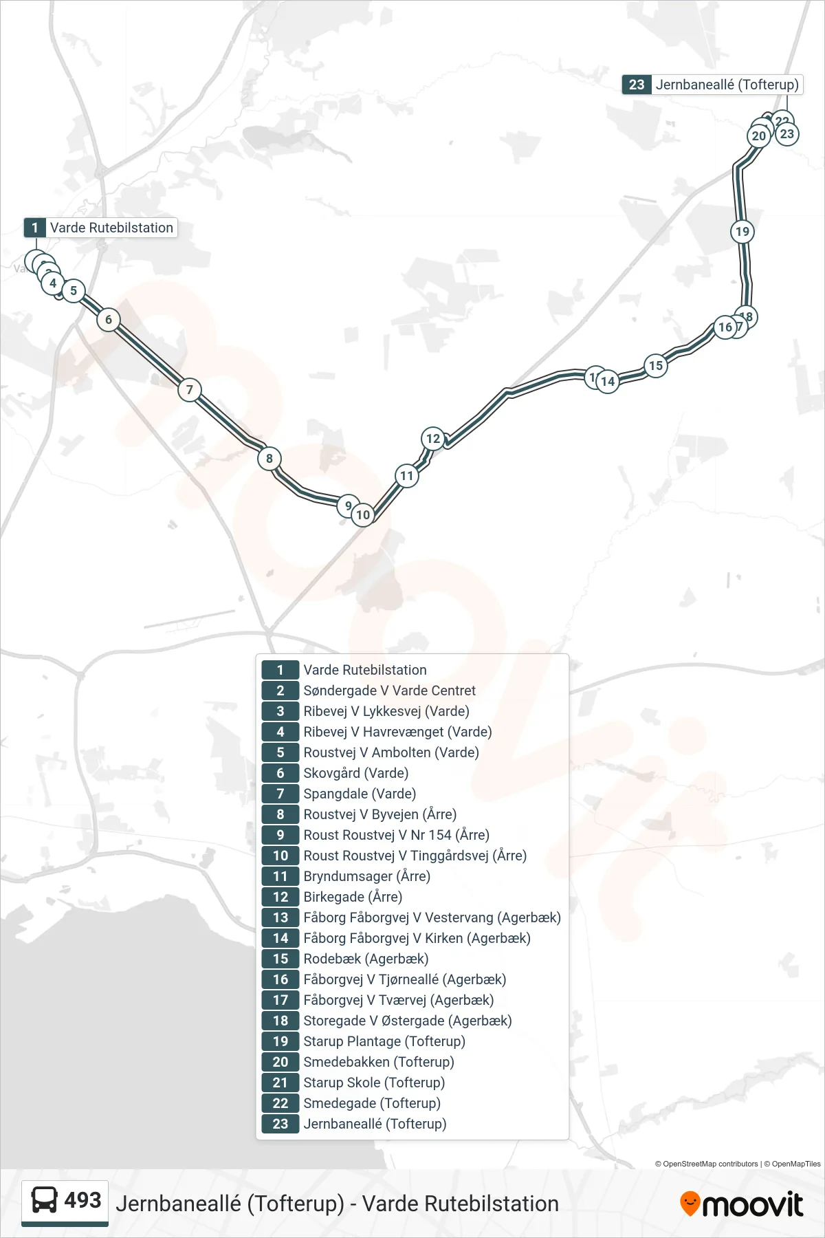 493 bus Linje (Jernbaneallé (Tofterup)) rute og stop på et kort