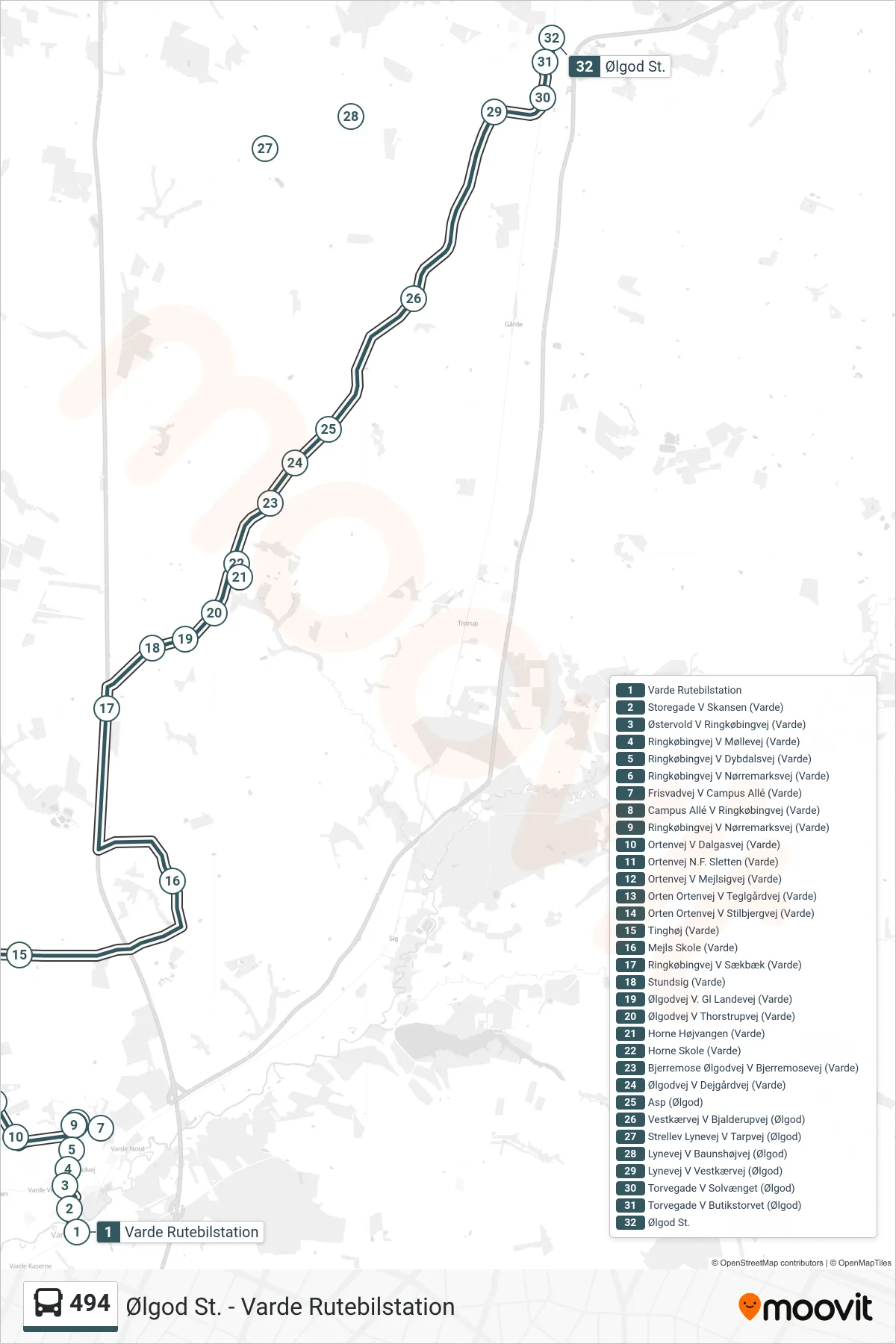 494 bus Line (Ølgod St. (Bus)) route and stops on a map