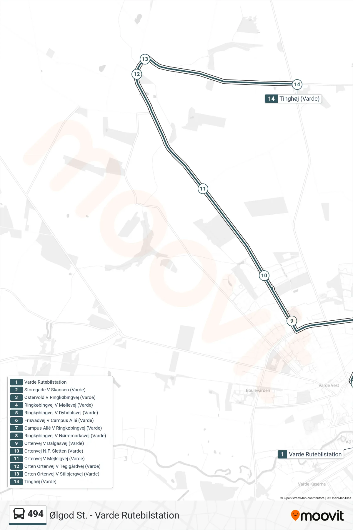 494 bus Line (Horne - Ølgod) route and stops on a map