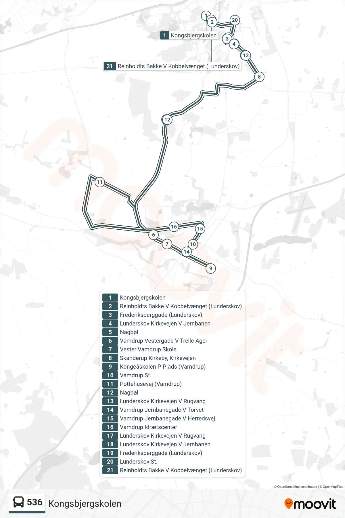 536 bus Linje (Kongsbjergskolen) rute og stop på et kort