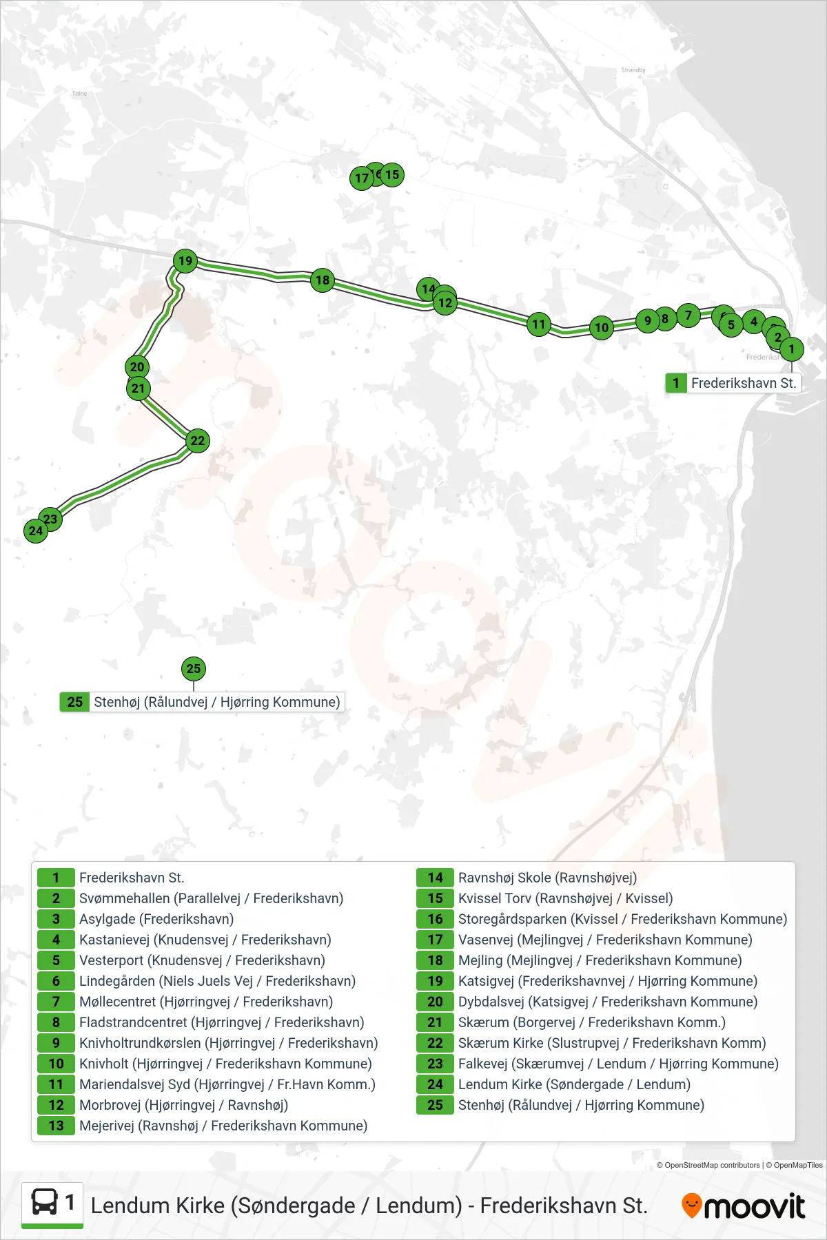 1 bus Linje (Lendum Kirke) rute og stop på et kort