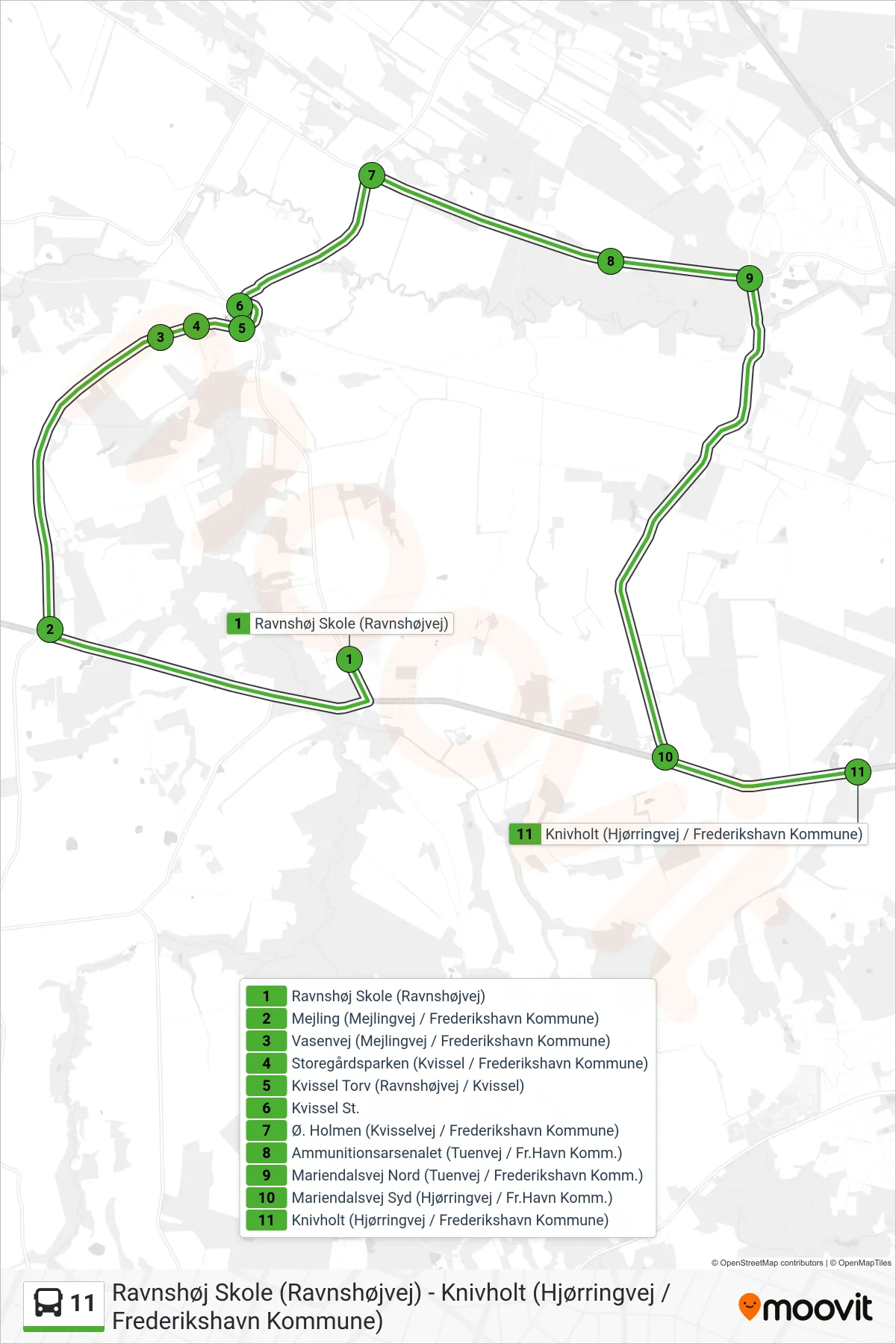 11 bus Linje (Knivholt (Hjørringvej / Frederikshavn Kommune)) rute og stop på et kort