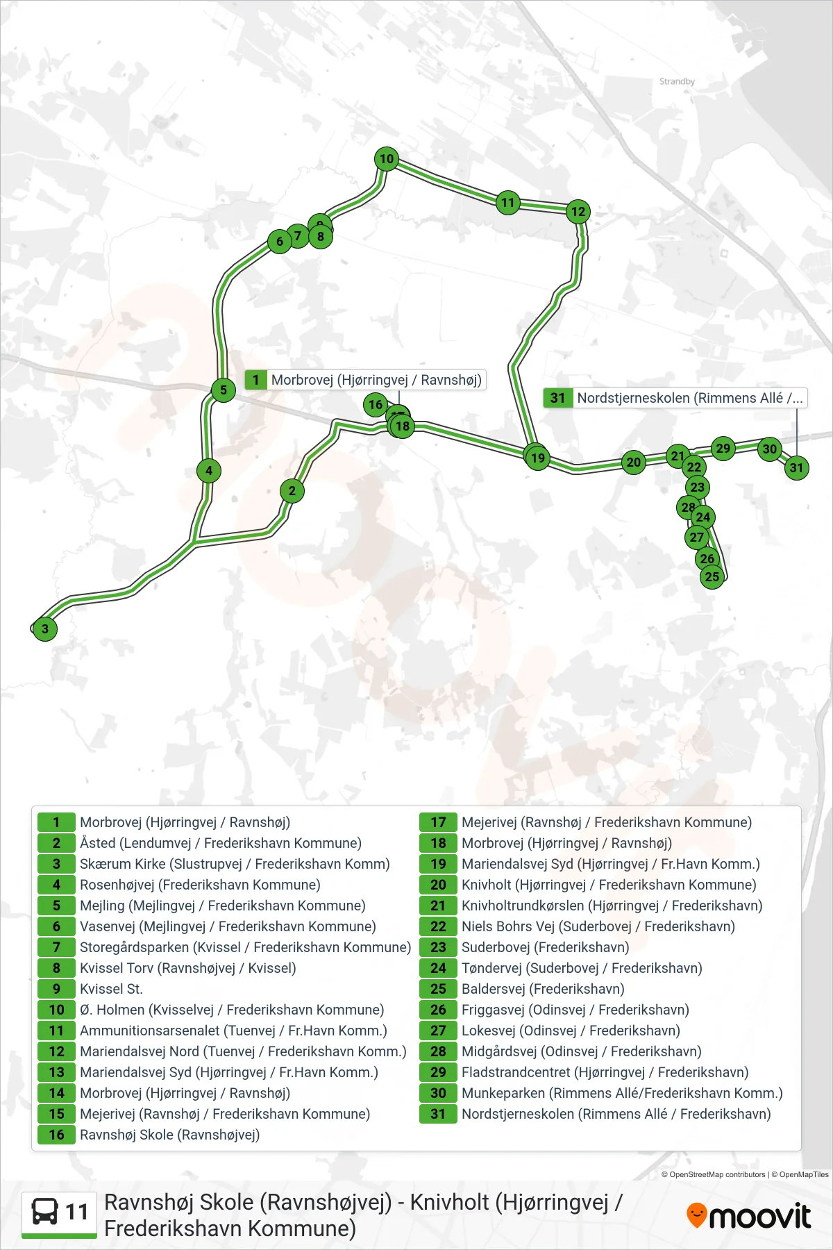 11 bus Linje (Nordstjerneskolen (Rimmens Allé / Frederikshavn)) rute og stop på et kort