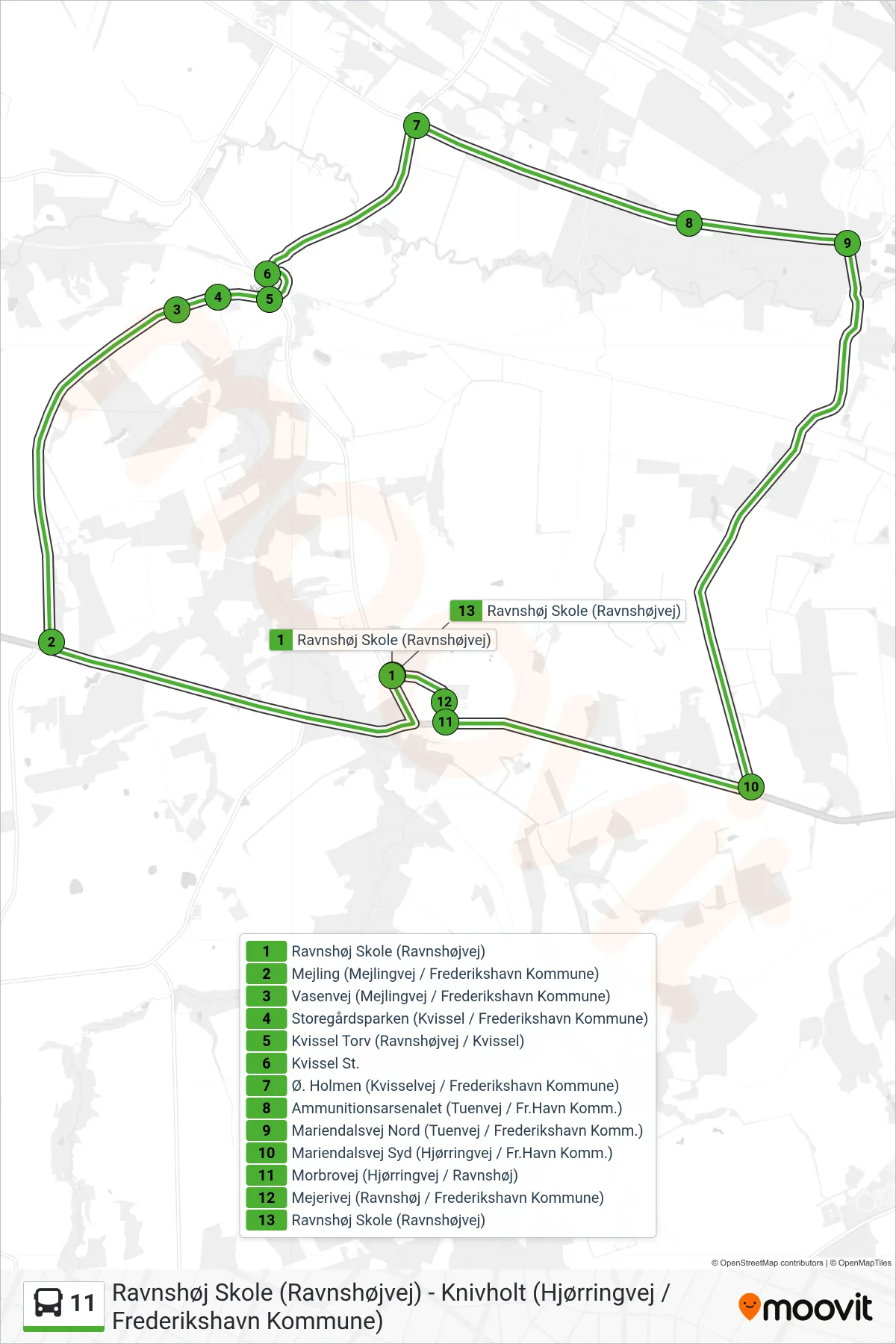 11 bus Linje (Ravnshøj Skole (Ravnshøjvej)) rute og stop på et kort