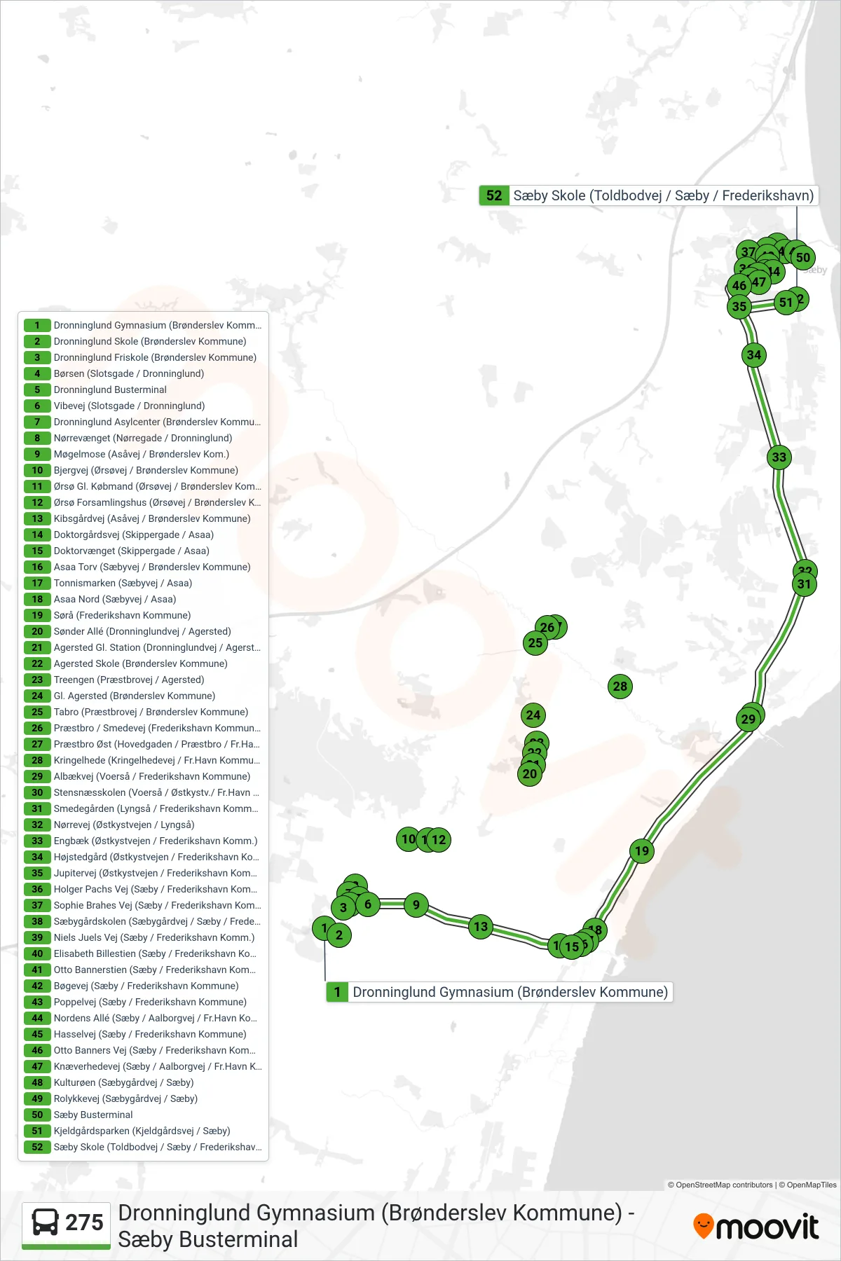 275 bus Linje (Sæby Busterminal) rute og stop på et kort