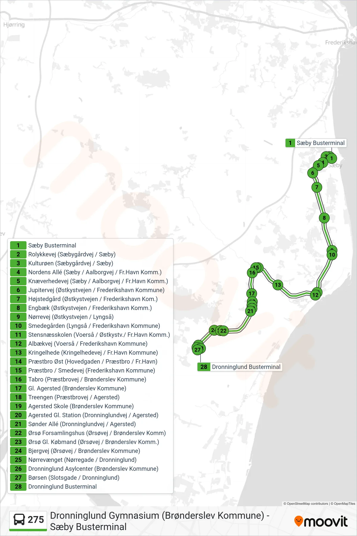 275 bus Linje (Dronninglund) rute og stop på et kort