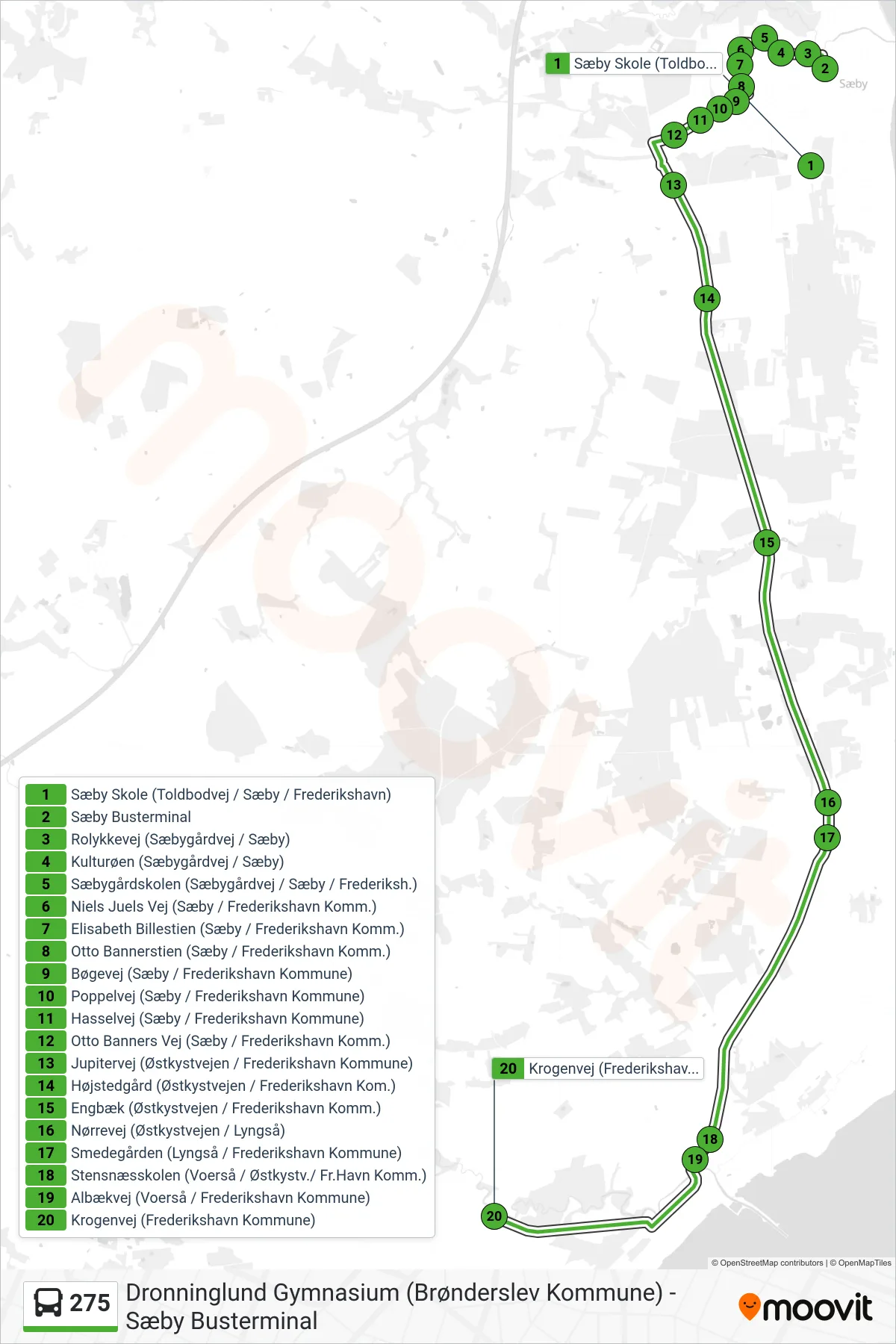 275 bus Linje (Voerså) rute og stop på et kort