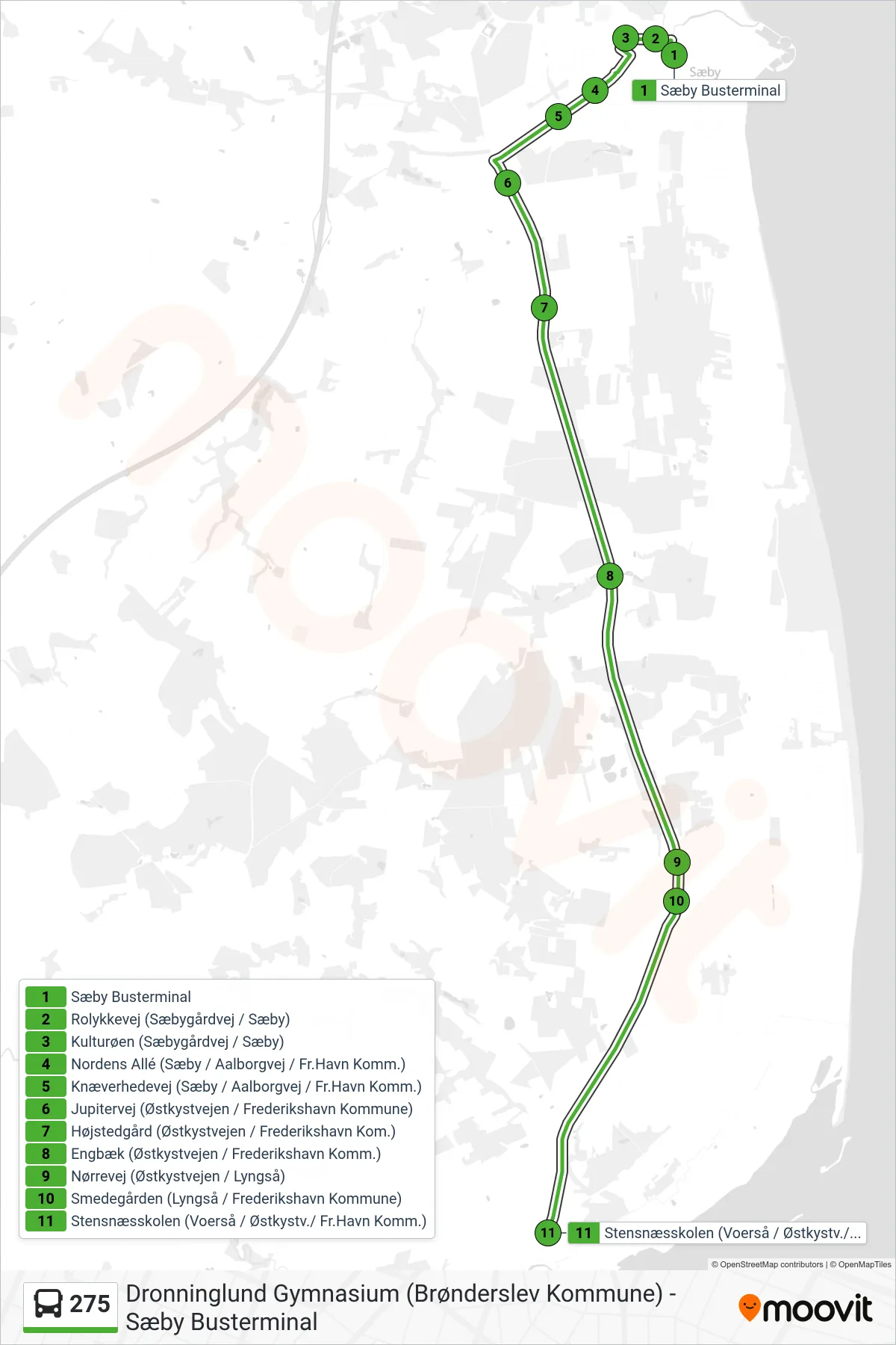 275 bus Linje (Stensnæsskolen) rute og stop på et kort