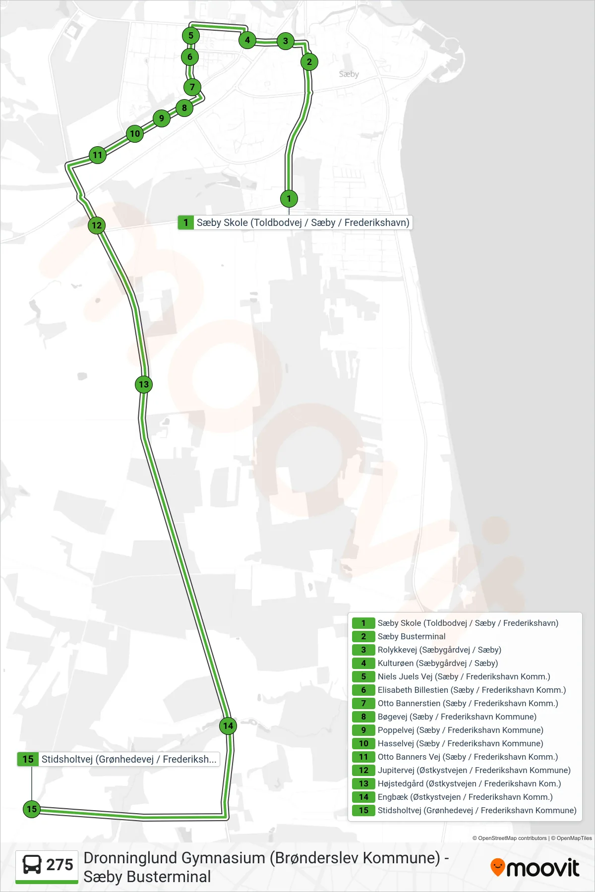 275 bus Linje (Stidsholtvej Via Østkystvejen) rute og stop på et kort