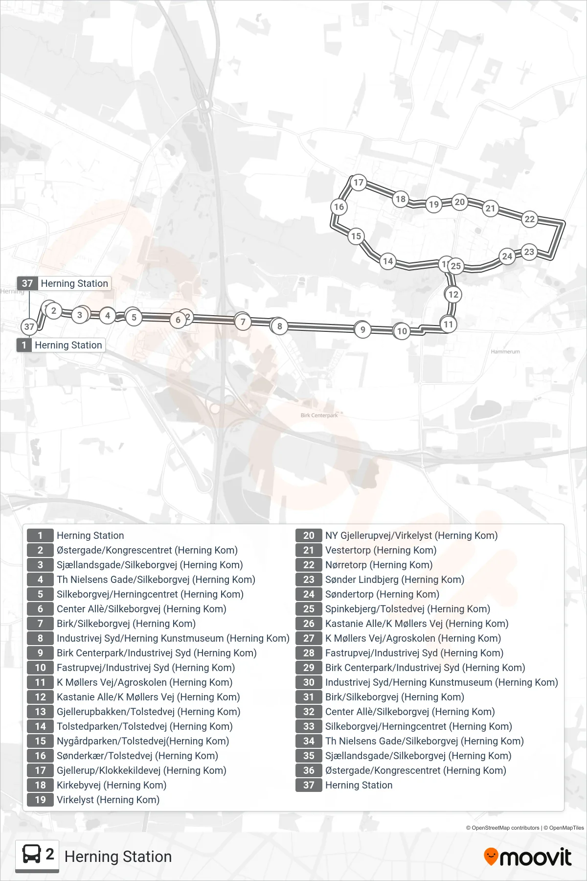 2 bus Linje (Herning Station) rute og stop på et kort