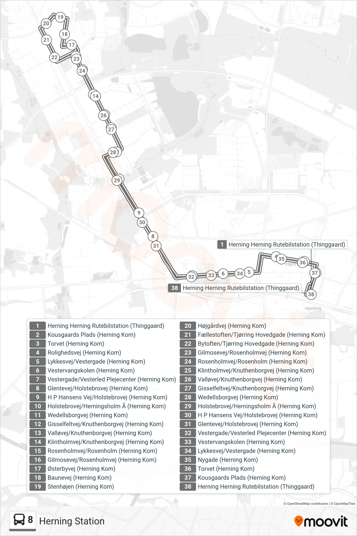 8 bus Linje (Herning Station) rute og stop på et kort