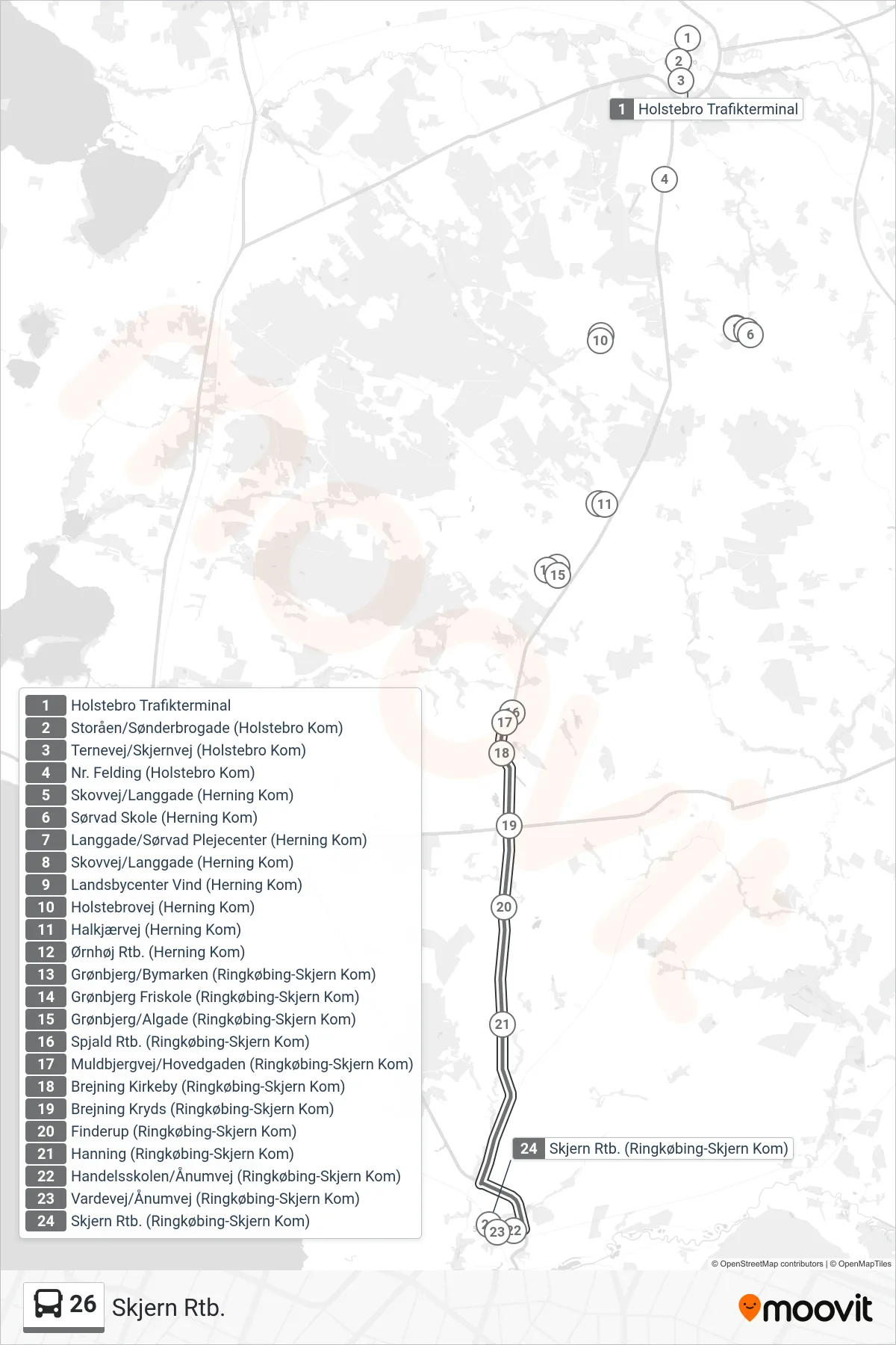 26 bus Linje (Skjern Rtb.) rute og stop på et kort