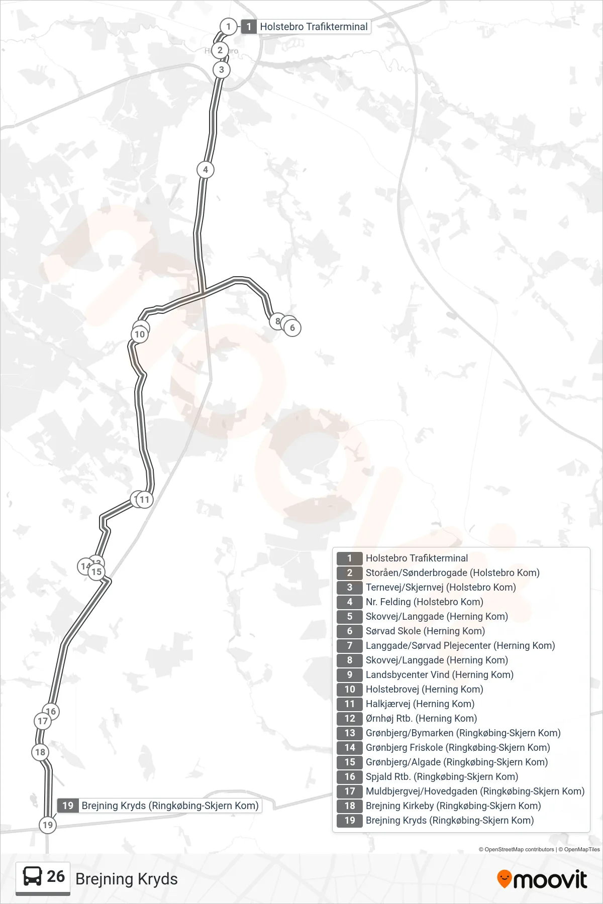 26 bus Linje (Brejning Kryds) rute og stop på et kort