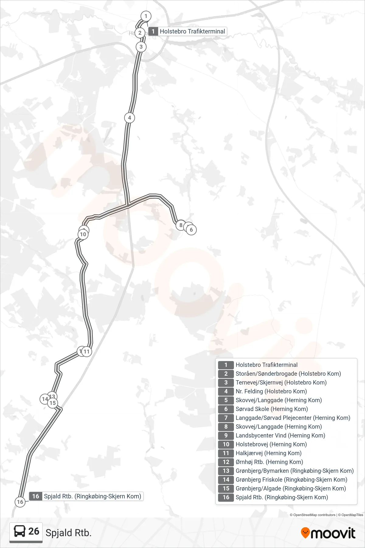 26 bus Linje (Spjald Rtb.) rute og stop på et kort
