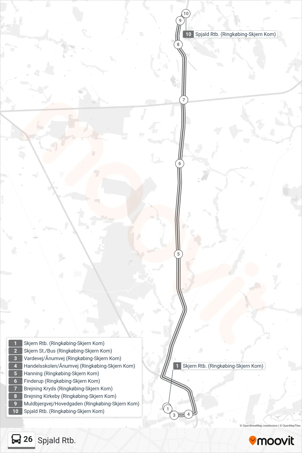 26 bus Linje (Spjald Rtb.) rute og stop på et kort
