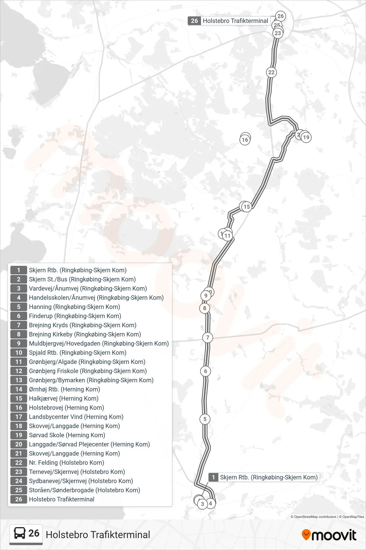 26 bus Linje (Holstebro Trafikterminal) rute og stop på et kort