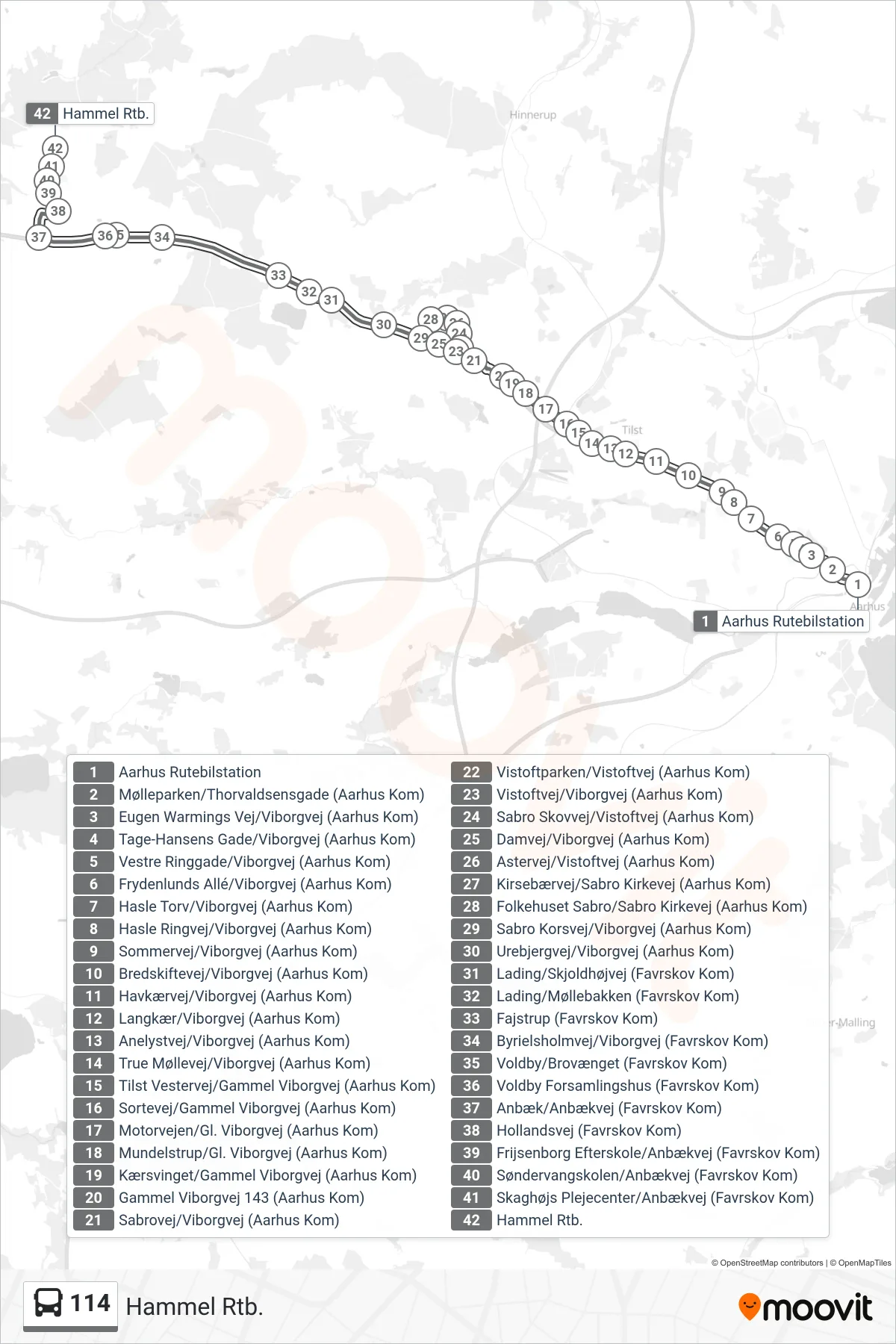 114 bus Linje (Hammel Rtb.) rute og stop på et kort