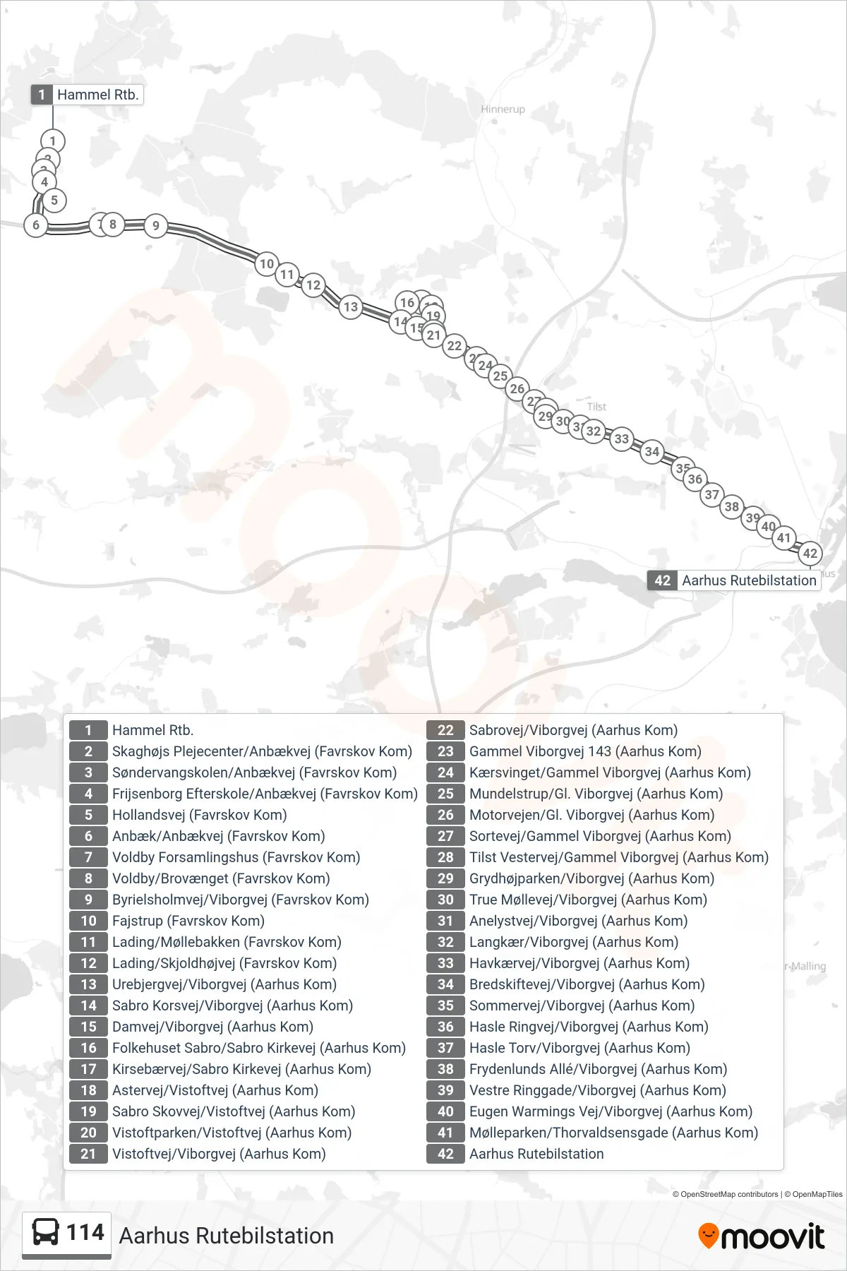 114 bus Linje (Aarhus Rutebilstation) rute og stop på et kort