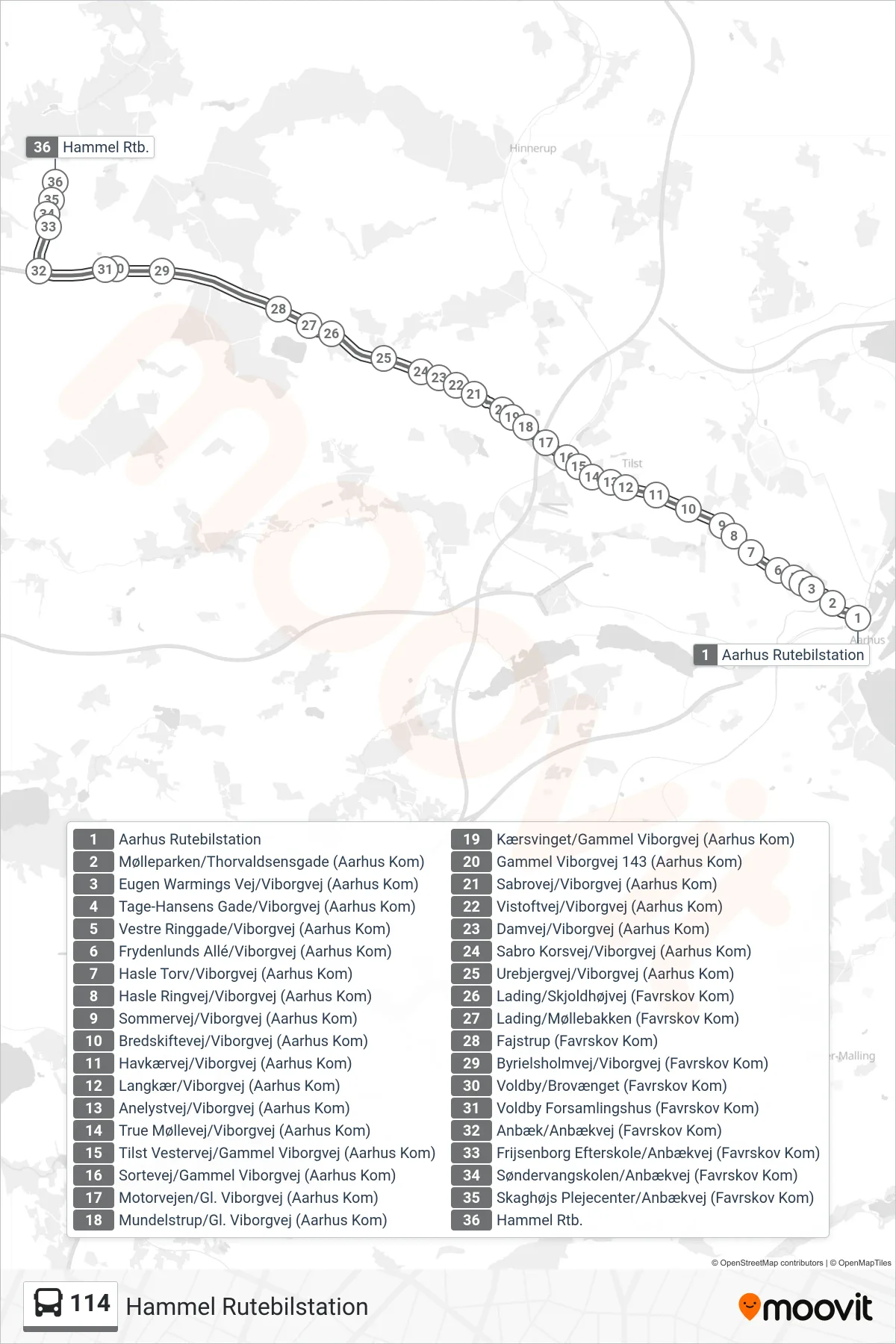 114 bus Linje (Hammel Rutebilstation) rute og stop på et kort
