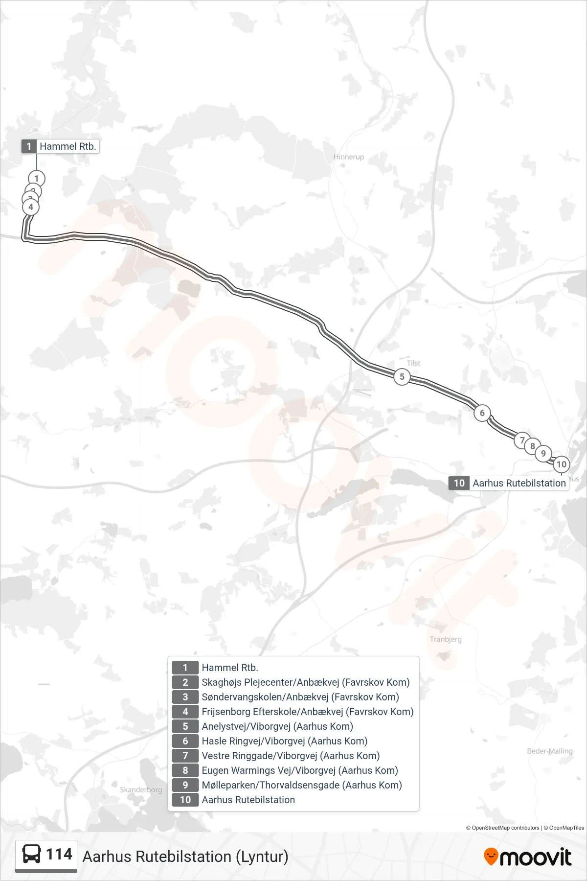114 bus Linje (Aarhus Rutebilstation (Lyntur)) rute og stop på et kort