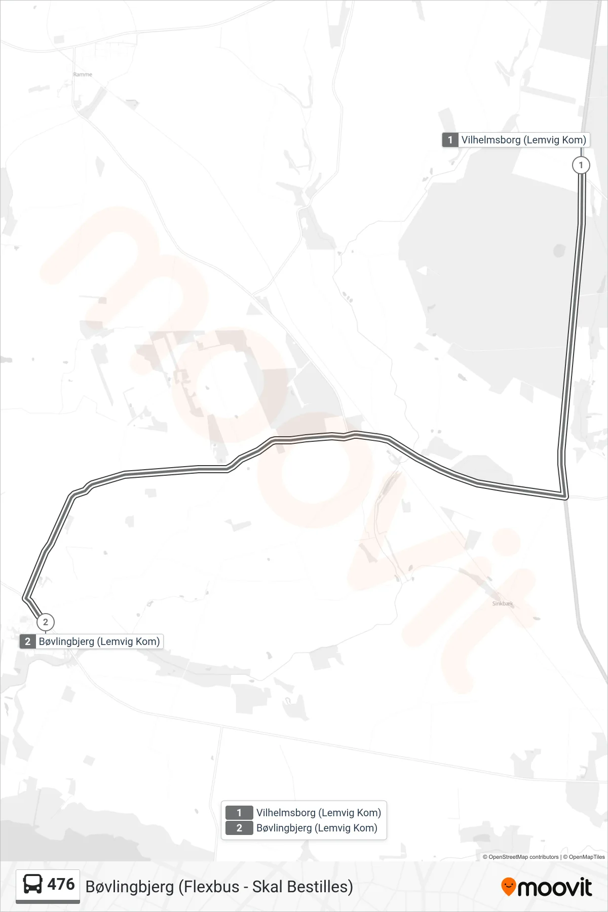476 bus Linje (Bøvlingbjerg (Flexbus - Skal Bestilles)) rute og stop på et kort
