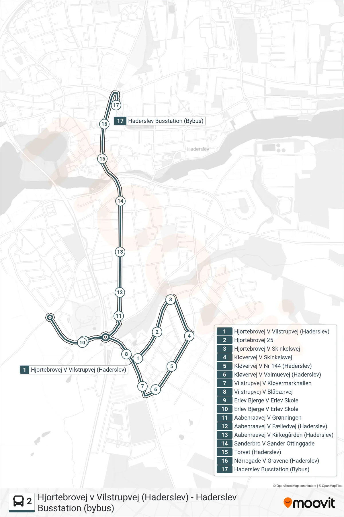 2 bus Linje (Haderslev Busstation) rute og stop på et kort