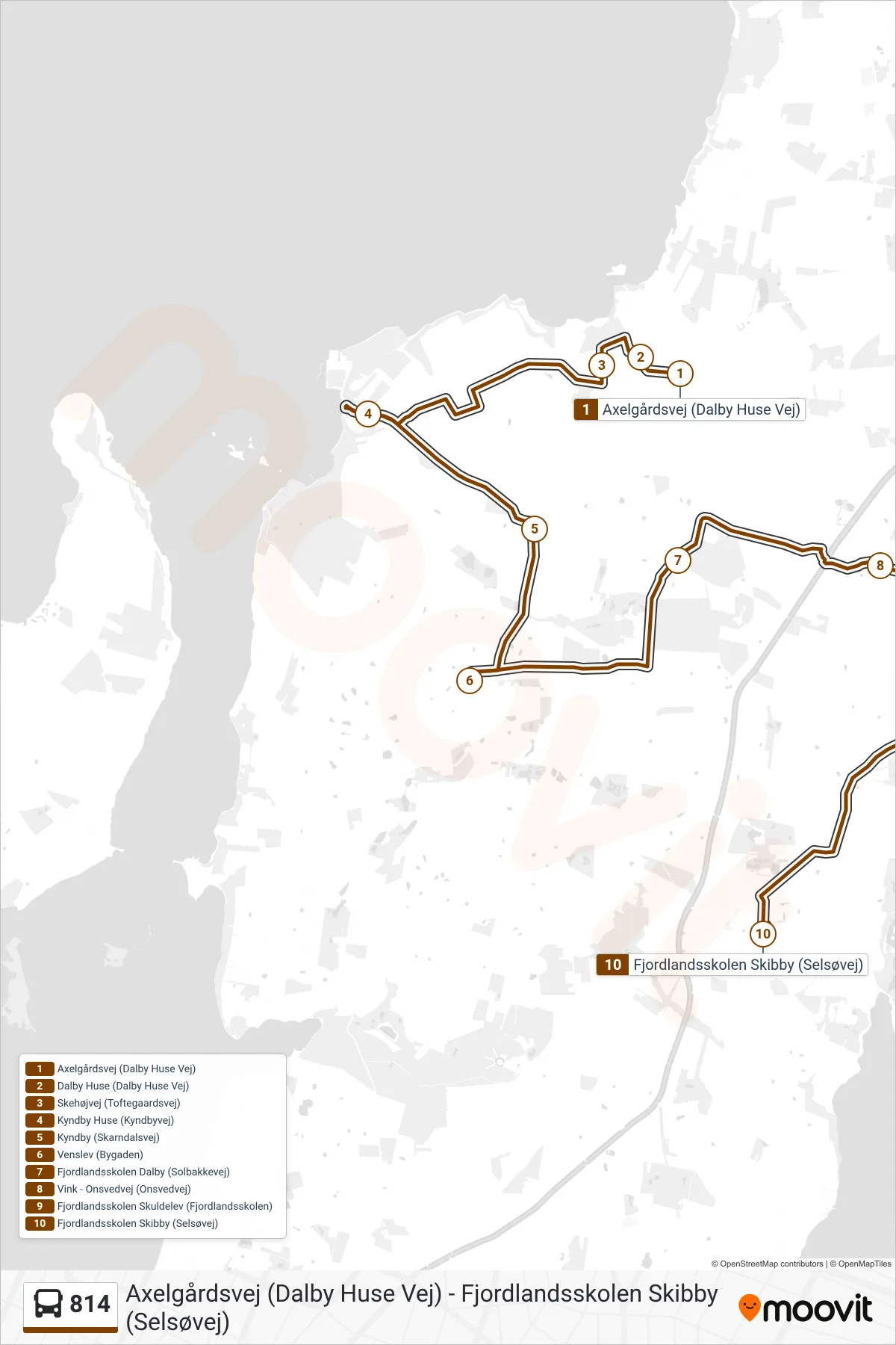 814 bus Linje (Fjordlandsskolen Skibby) rute og stop på et kort