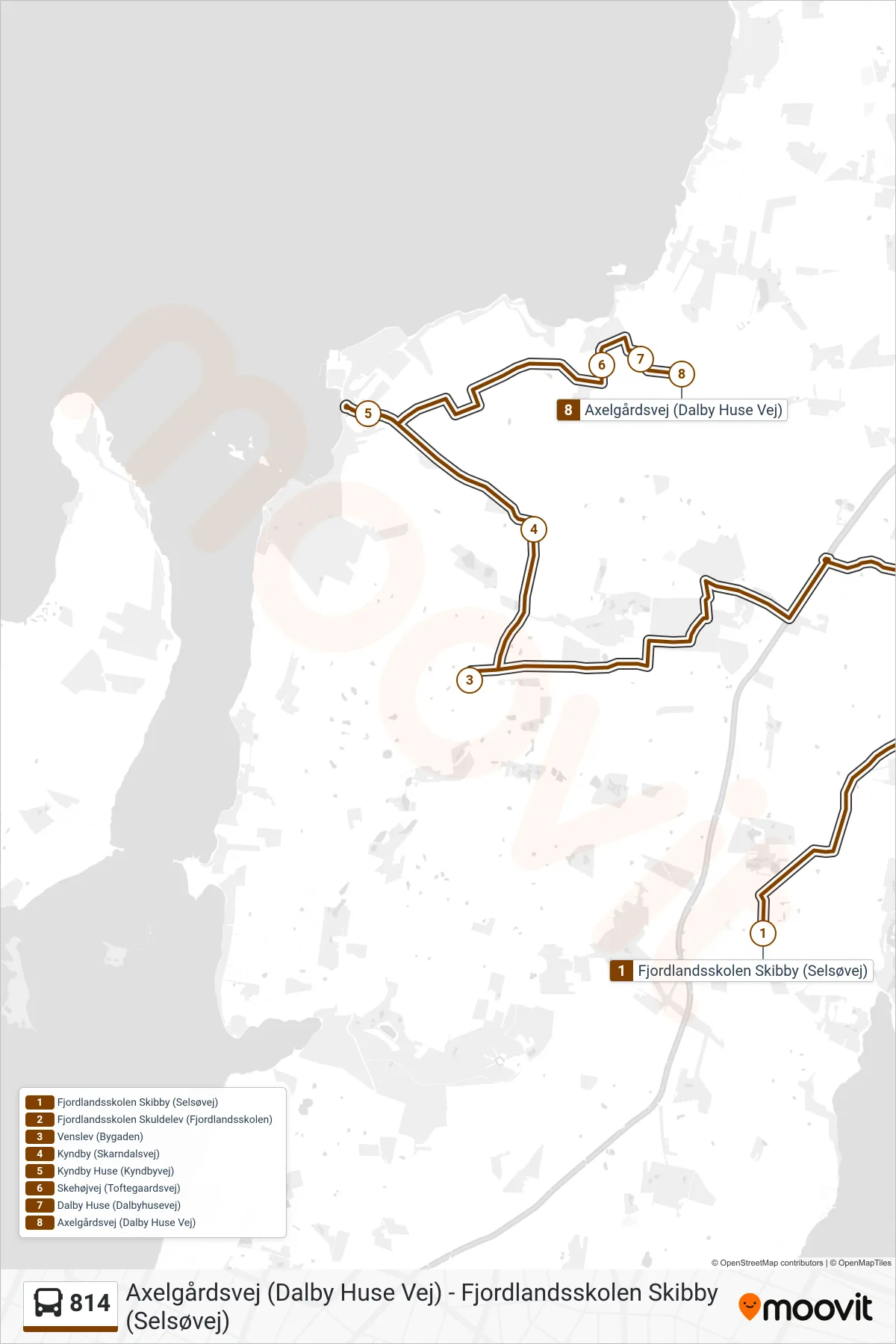 814 bus Linje (Dalby Huse Axelgårdsvej) rute og stop på et kort