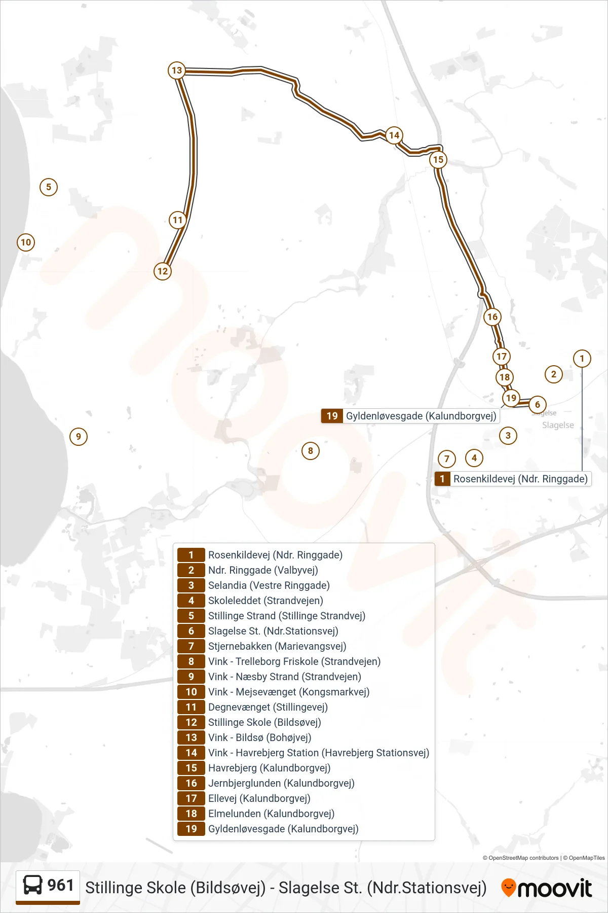 961 bus Linje (Fribus Lilla Slagelse Kommune) rute og stop på et kort