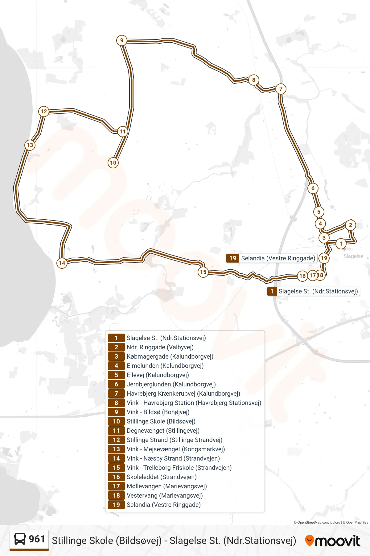 961 bus Linje (Fribus Lilla Slagelse Kommune) rute og stop på et kort