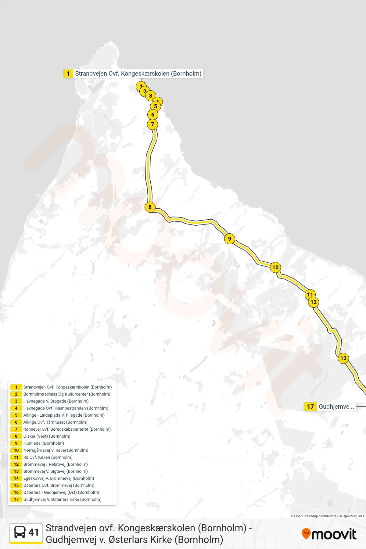 41 bus Linje (Gudhjemvej V. Østerlars Kirke (Bornholm)) rute og stop på et kort