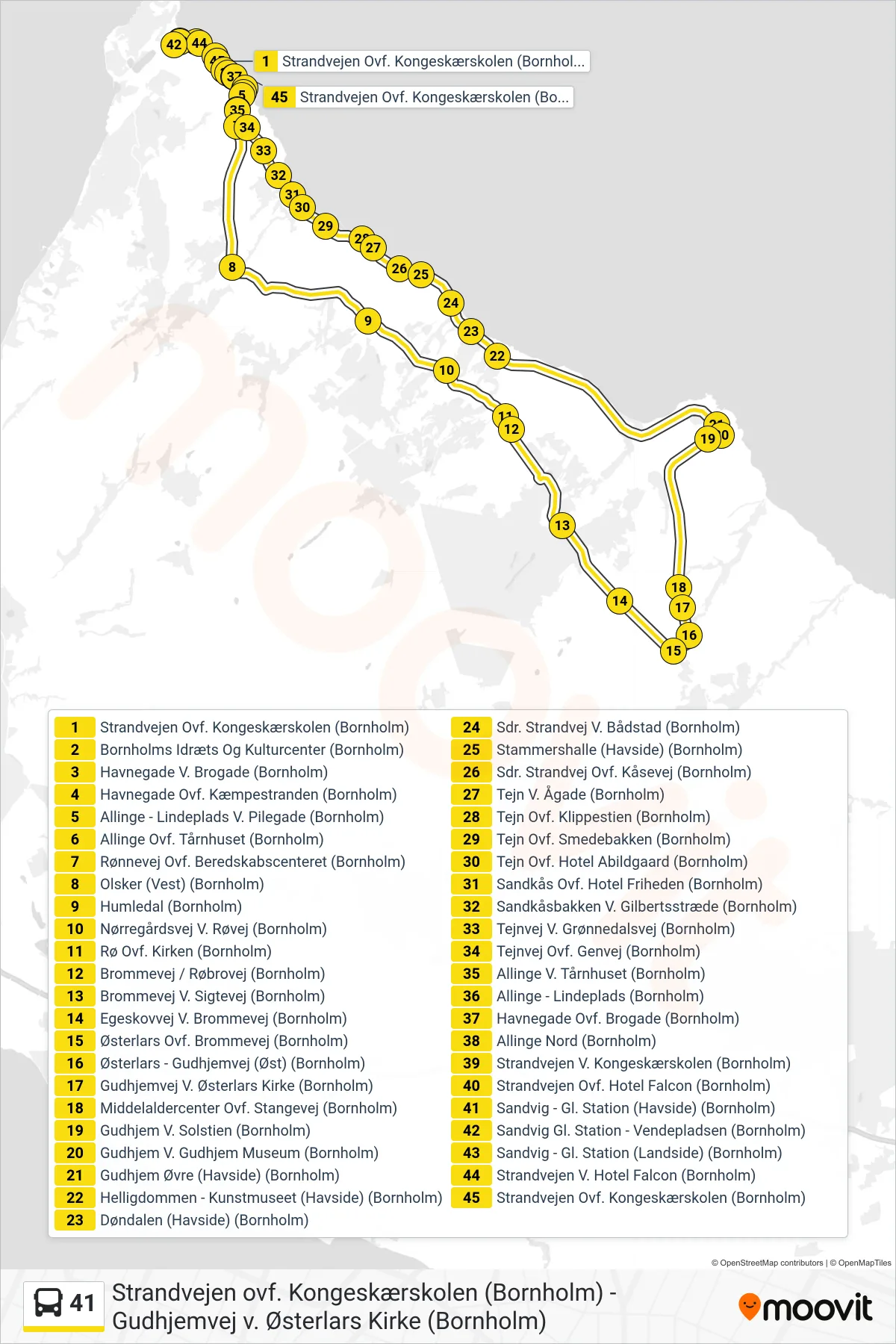 41 bus Linje (Strandvejen Ovf. Kongeskærskolen (Bornholm)) rute og stop på et kort