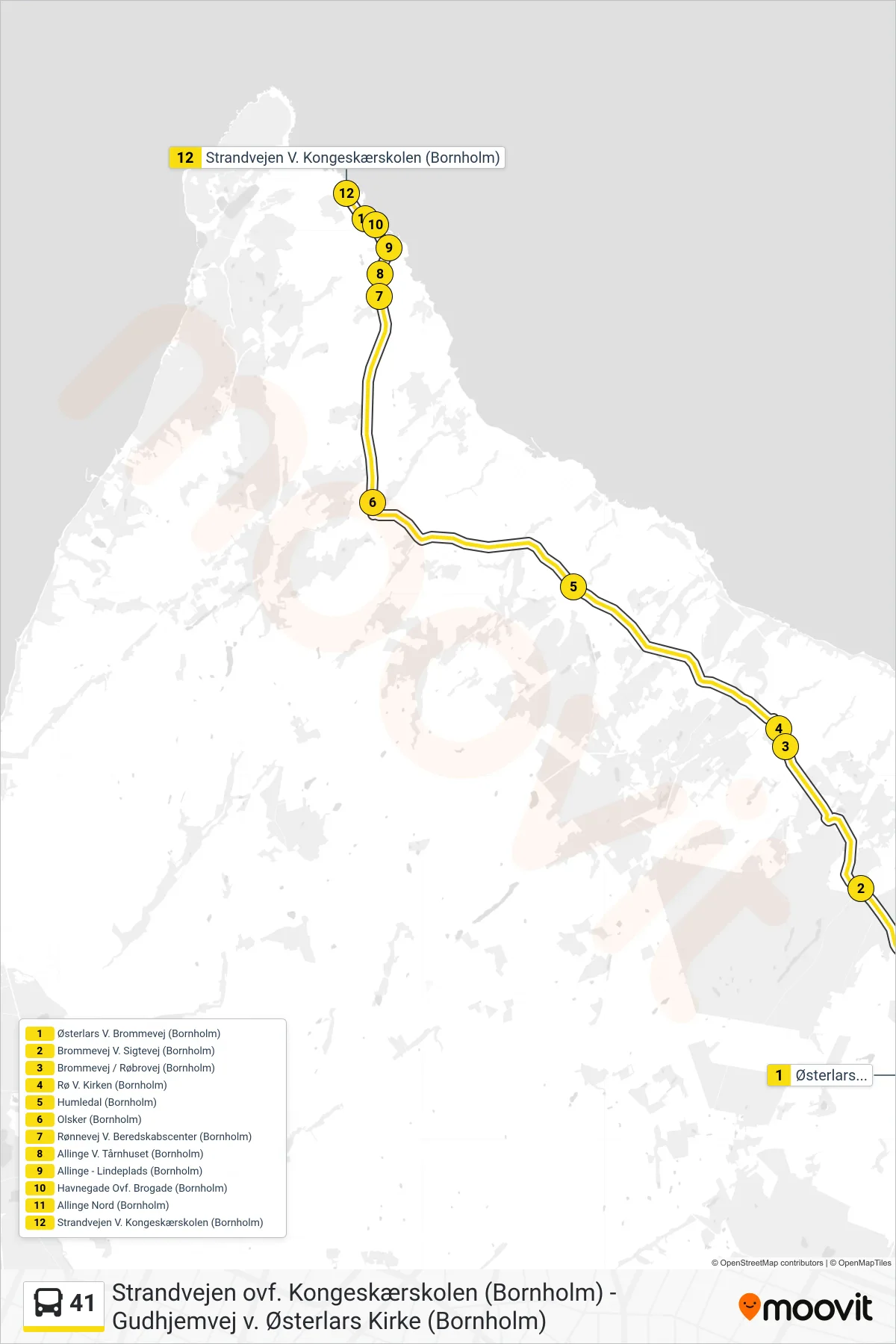 41 bus Linje (Strandvejen V. Kongeskærskolen (Bornholm)) rute og stop på et kort