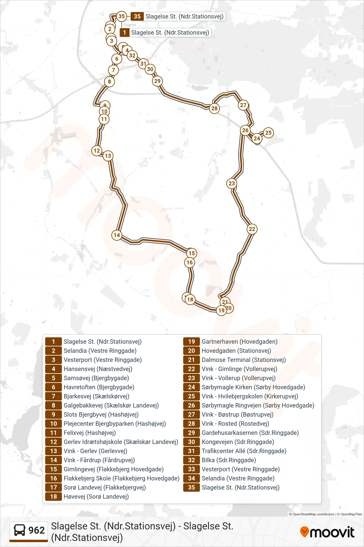 962 bus Linje (Fribus Blå Slagelse Kommune) rute og stop på et kort