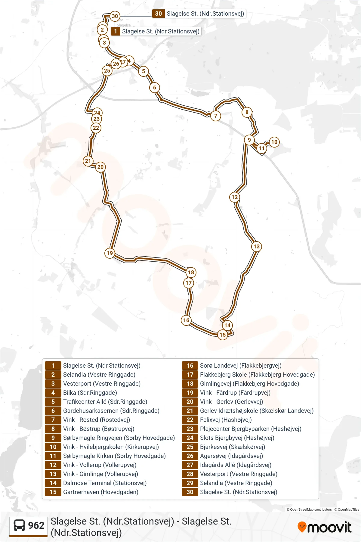 962 bus Linje (Fribus Blå Slagelse Kommune) rute og stop på et kort