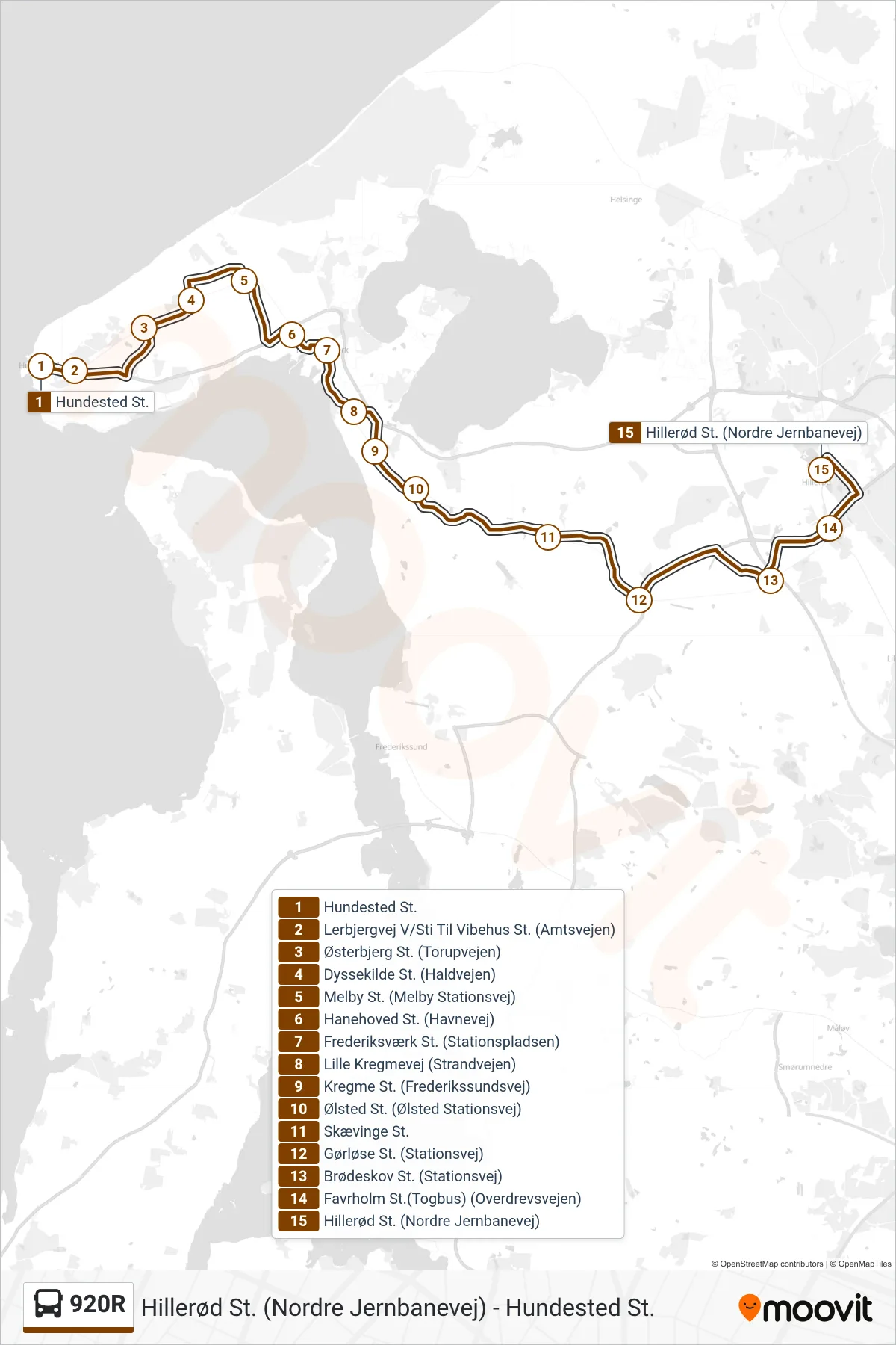 920R bus Linje (Hillerød St.) rute og stop på et kort
