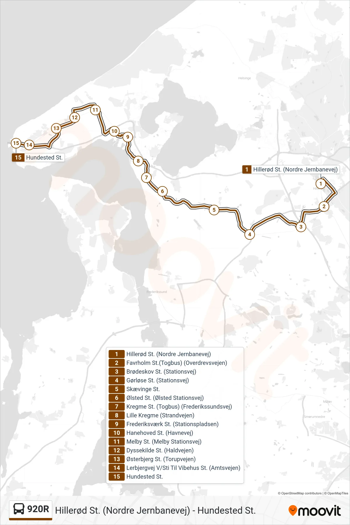 920R bus Linje (Hundested St.) rute og stop på et kort