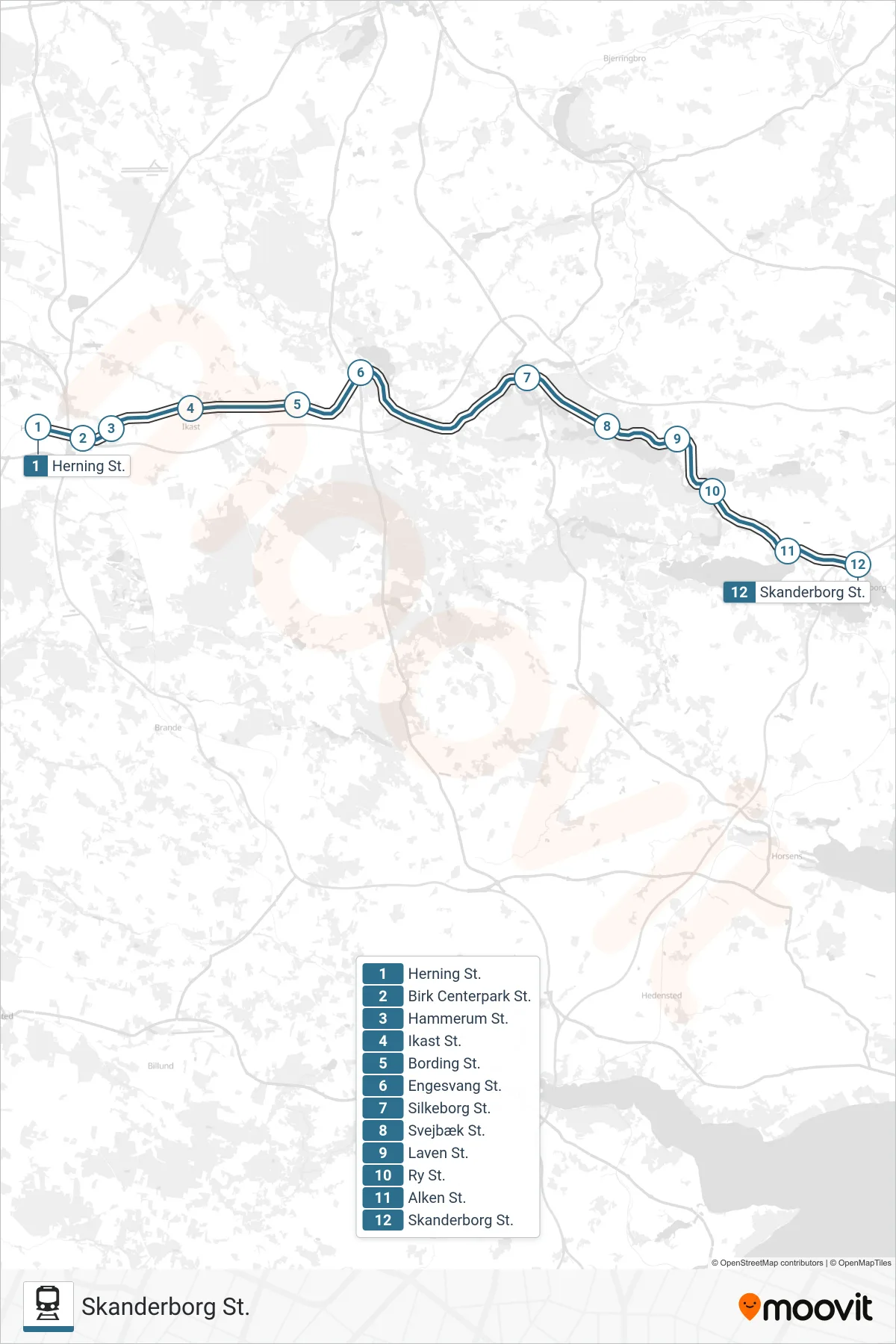 030 jernbane Linje (Skanderborg St.) rute og stop på et kort
