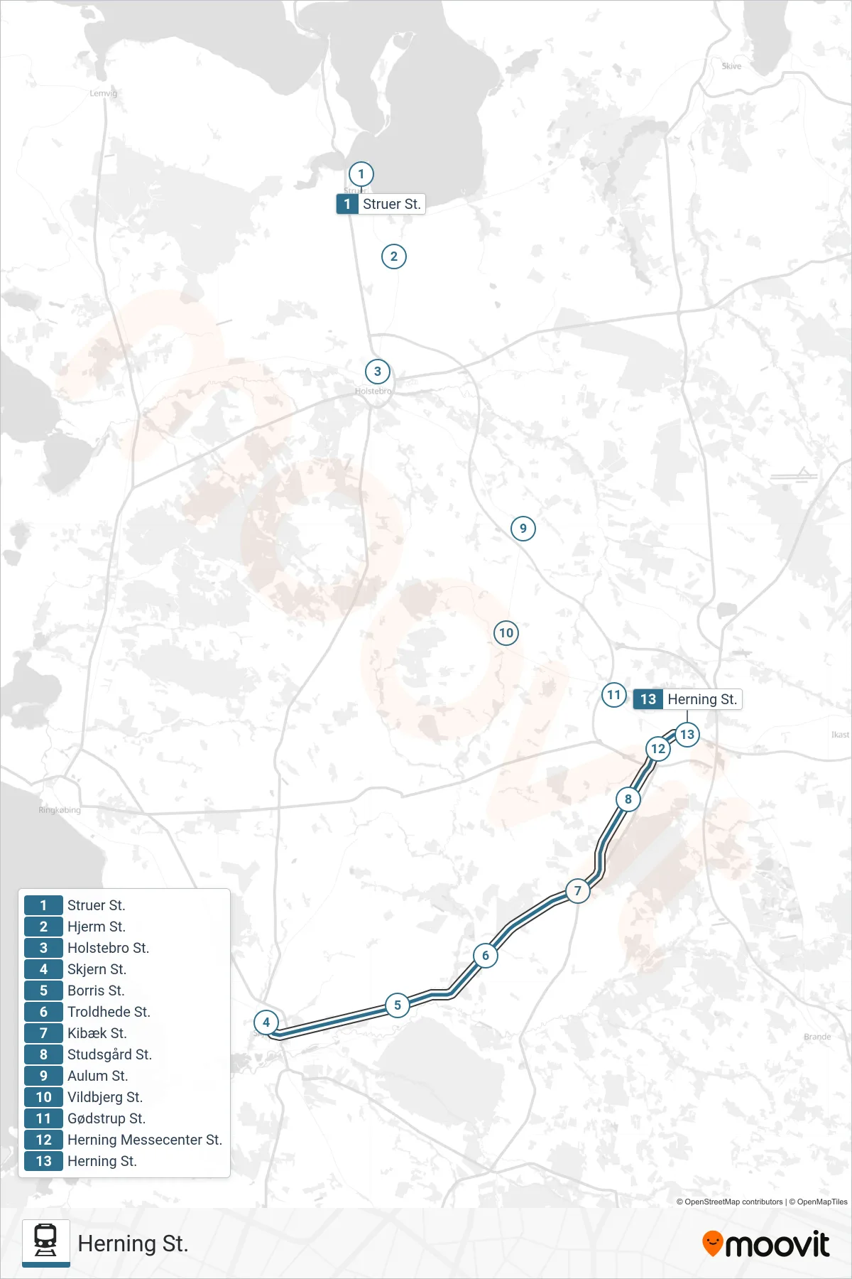 030 train Line (Herning St.) route and stops on a map