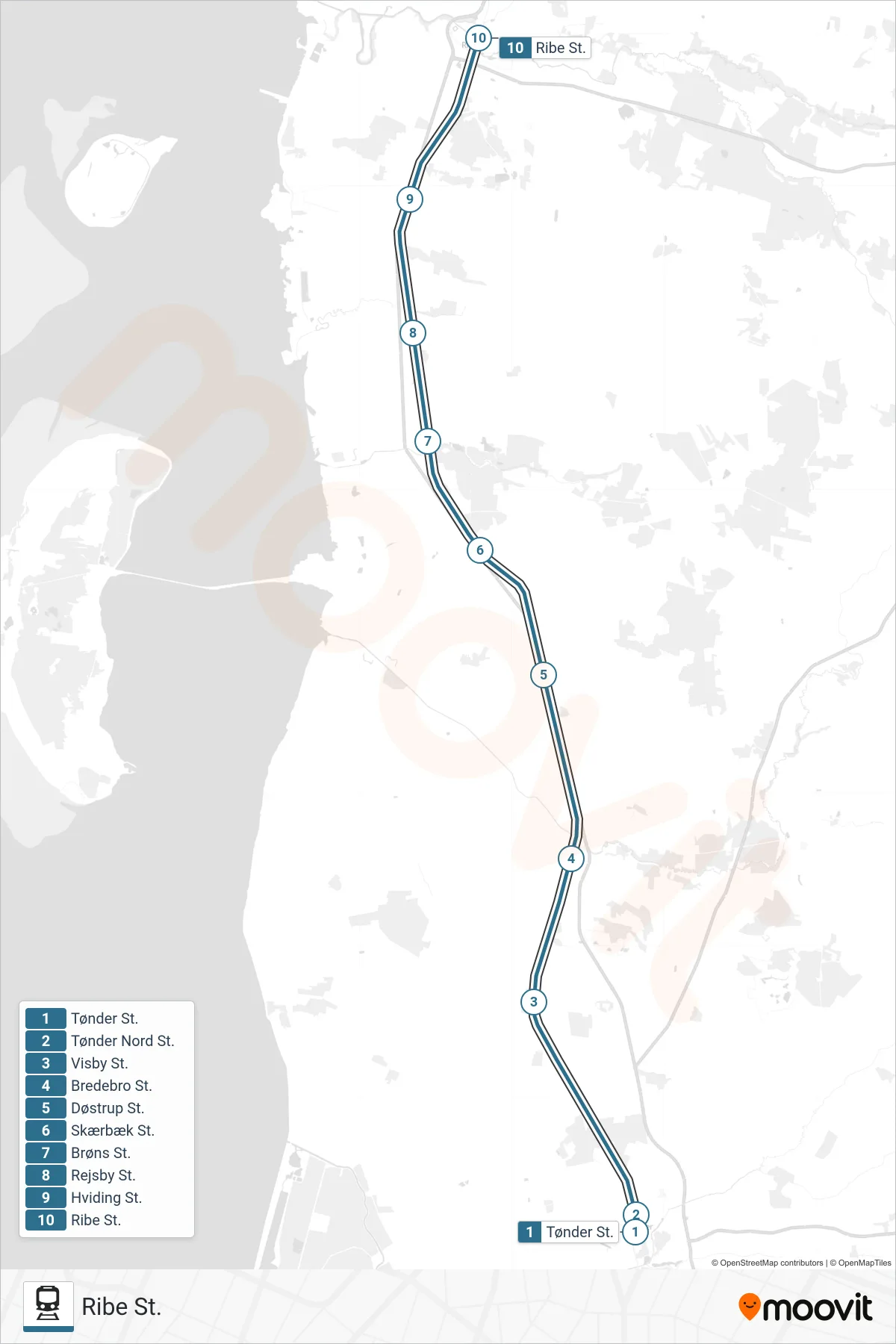 030 jernbane Linje (Ribe St.) rute og stop på et kort