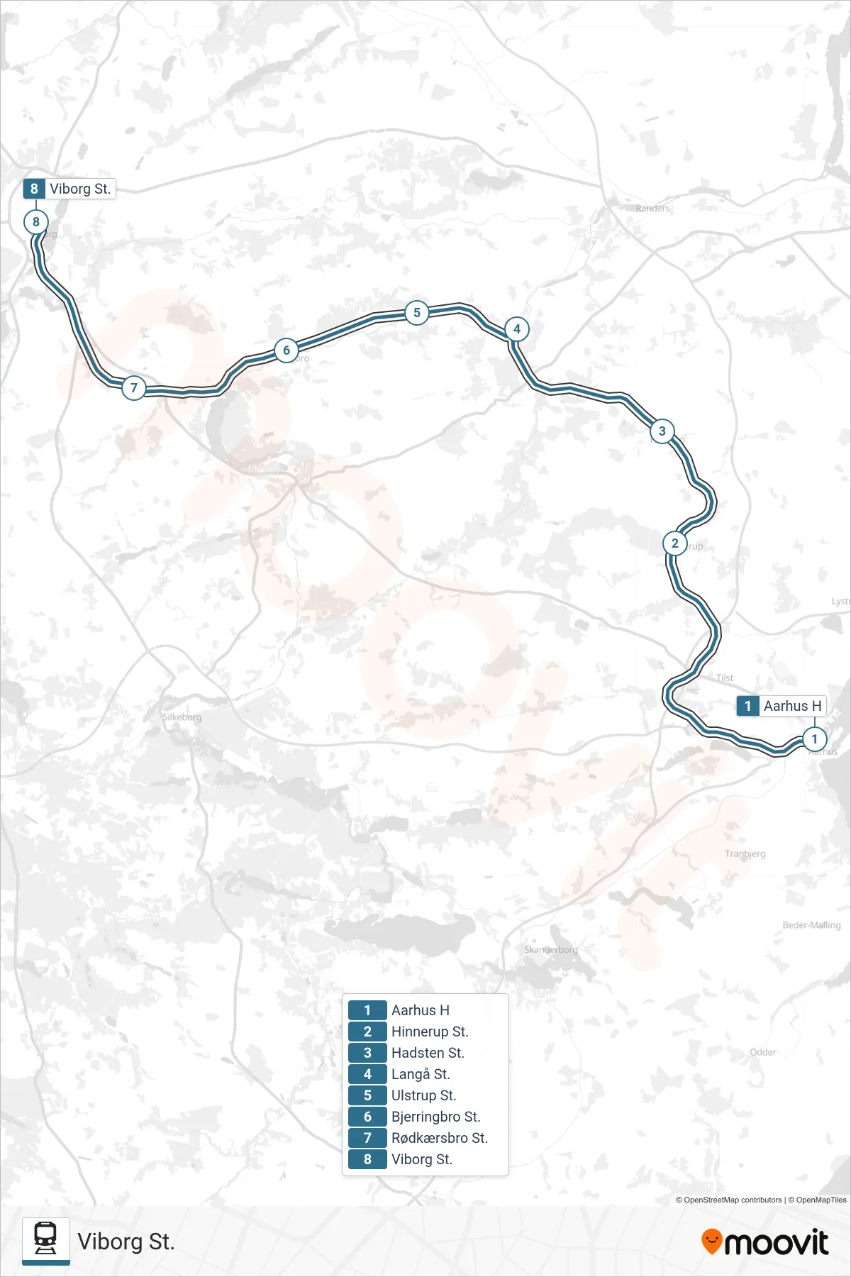 030 jernbane Linje (Viborg St.) rute og stop på et kort