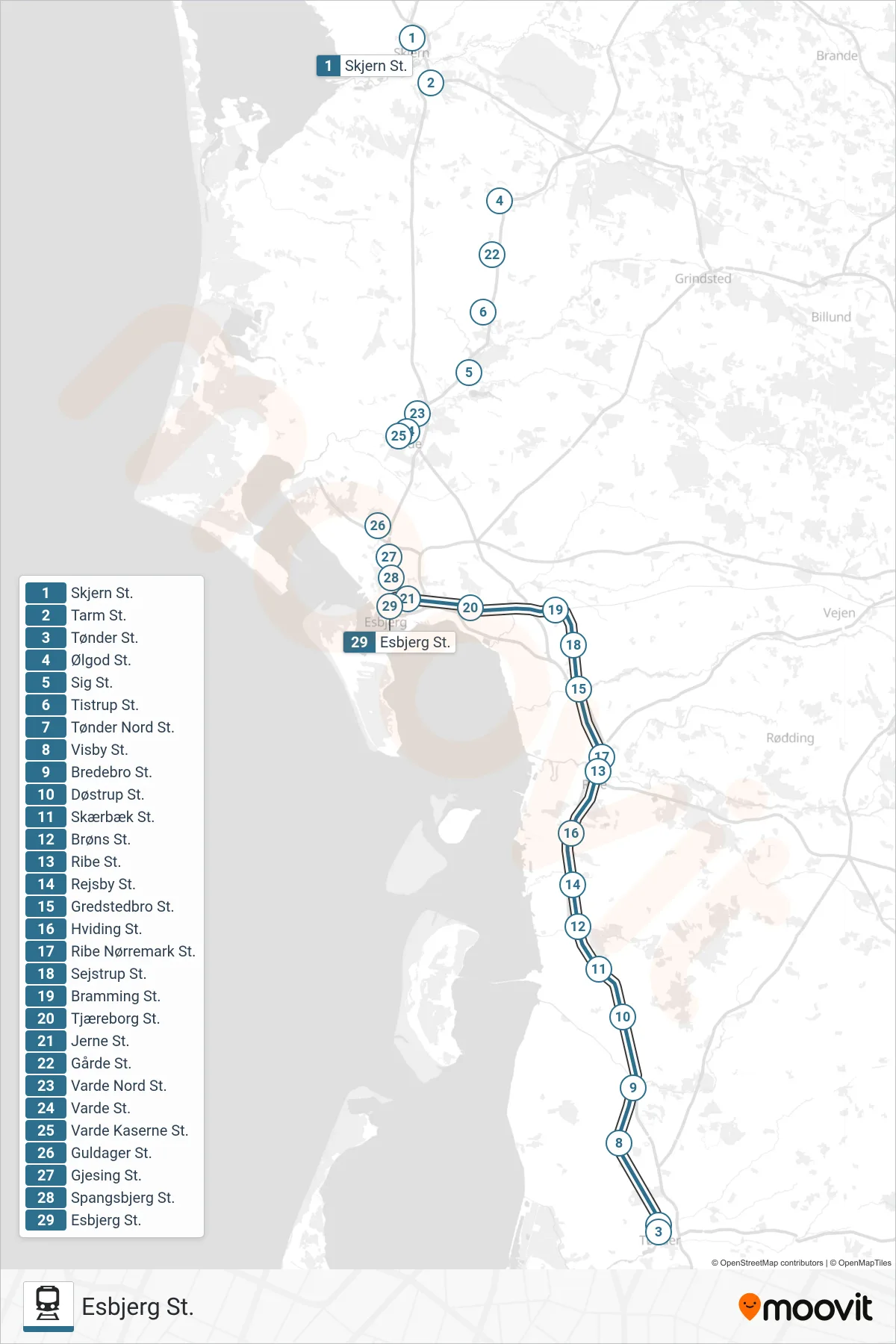 030 train Line (Esbjerg St.) route and stops on a map