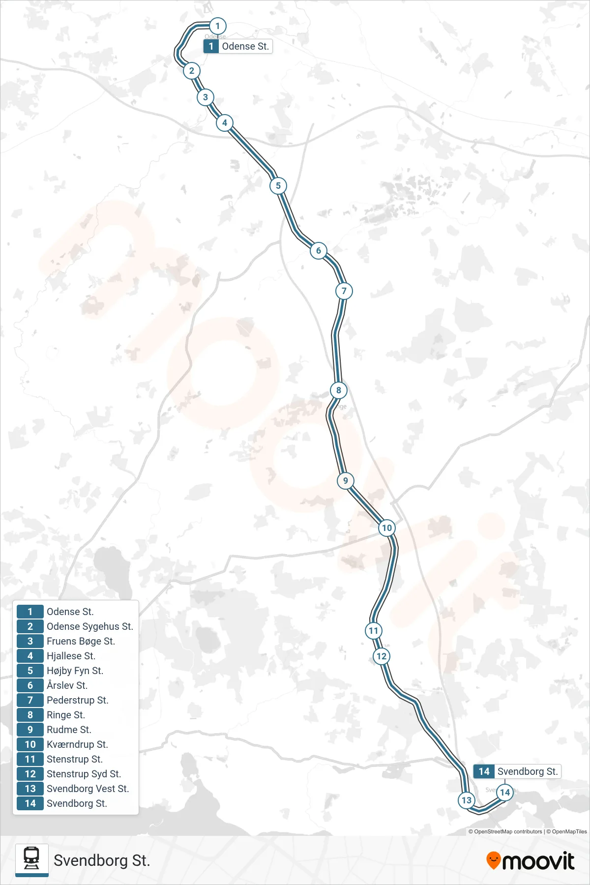 030 jernbane Linje (Svendborg St.) rute og stop på et kort