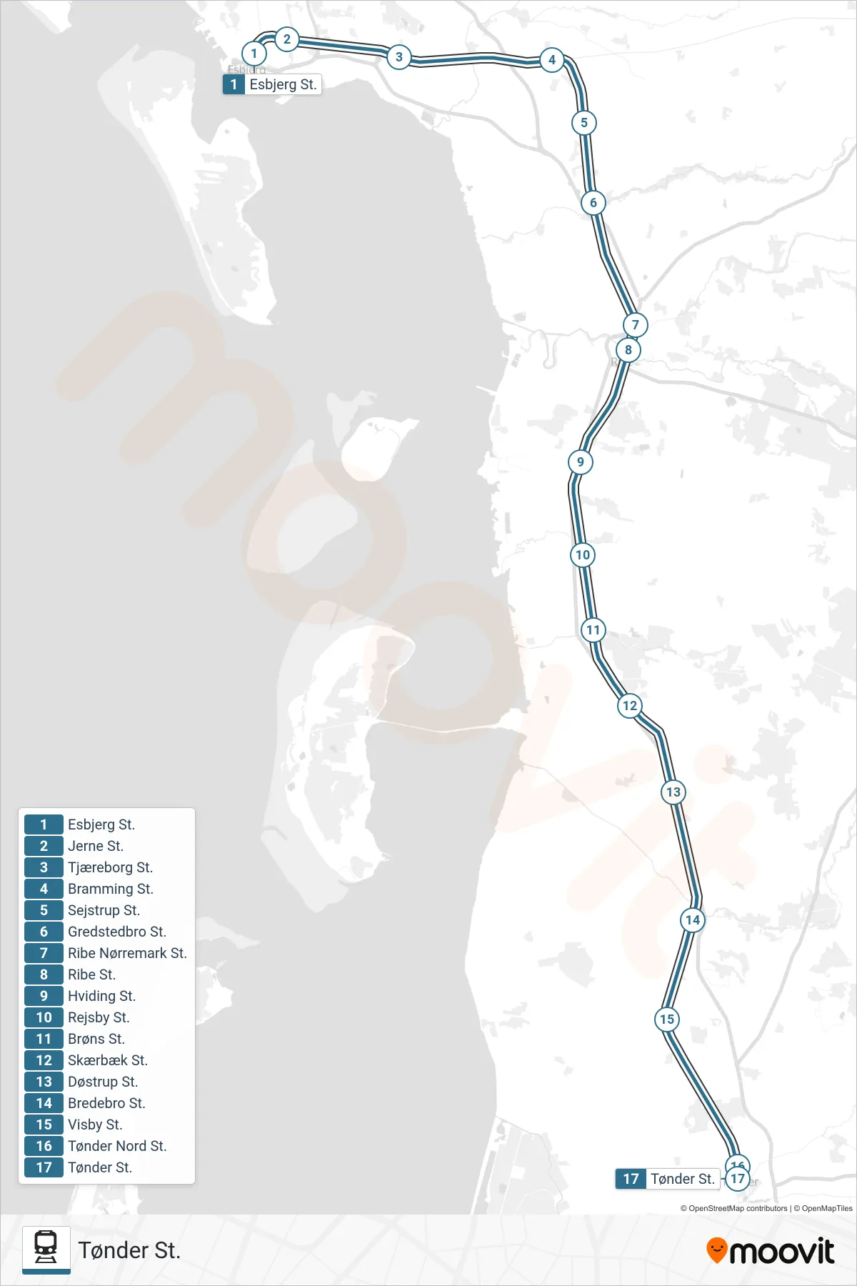 030 jernbane Linje (Tønder St.) rute og stop på et kort