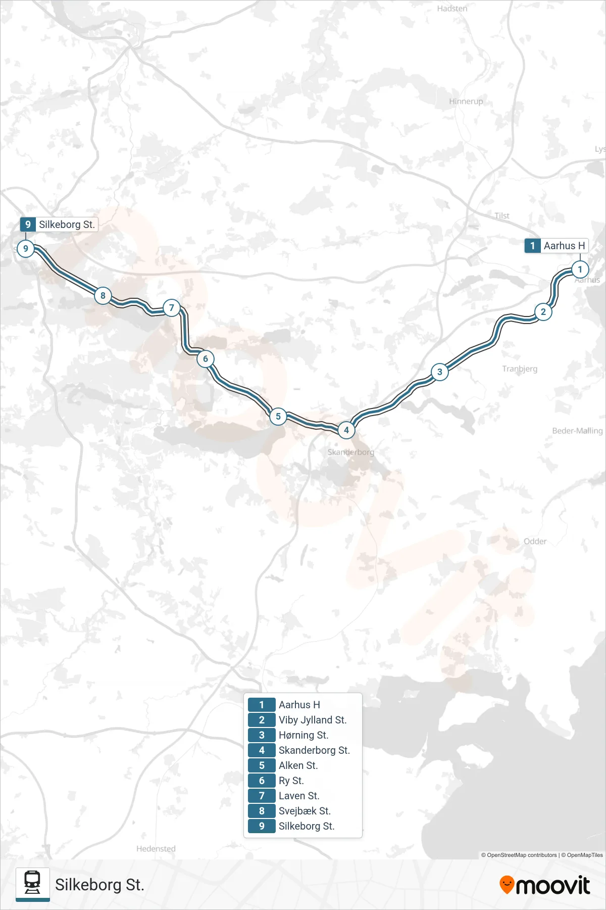 030 jernbane Linje (Silkeborg St.) rute og stop på et kort