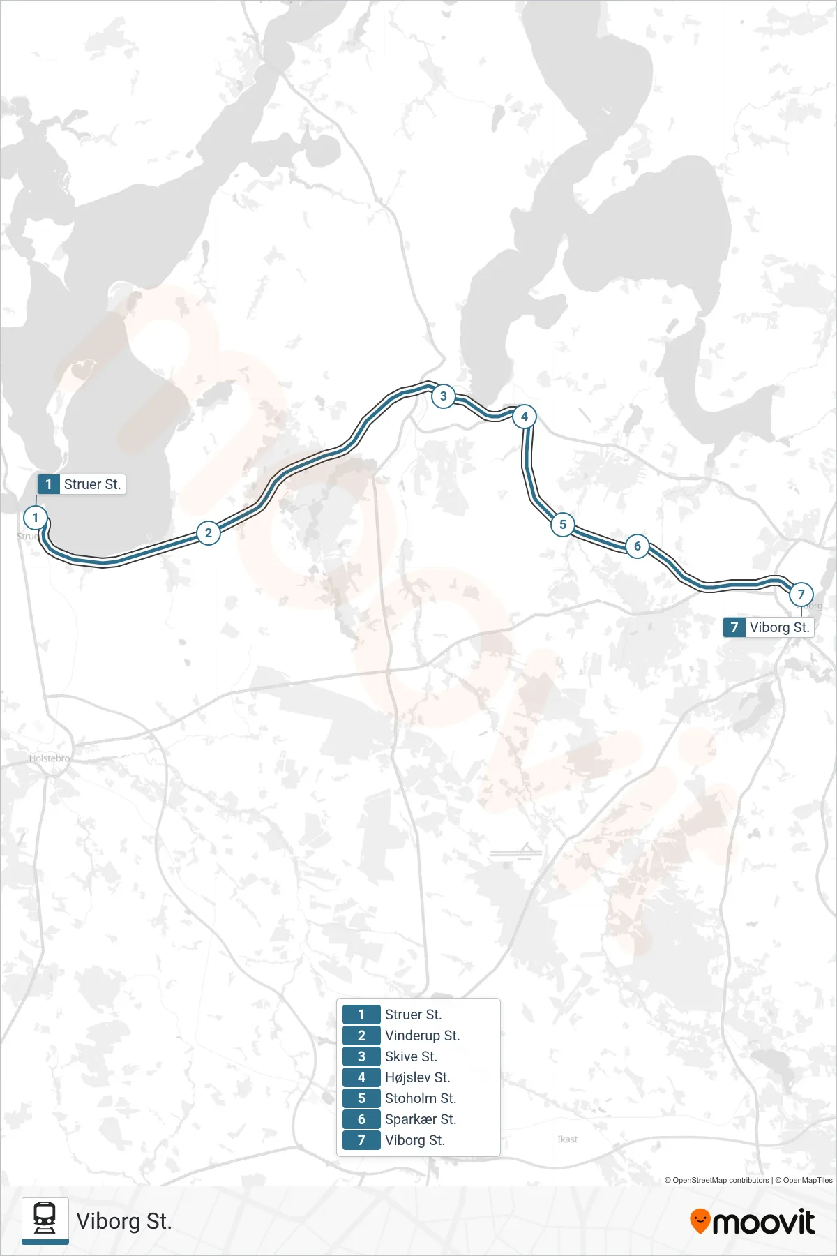 030 jernbane Linje (Viborg St.) rute og stop på et kort