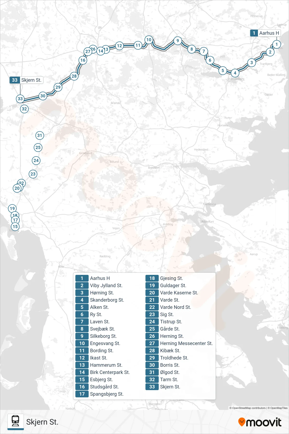 030 jernbane Linje (Skjern St.) rute og stop på et kort