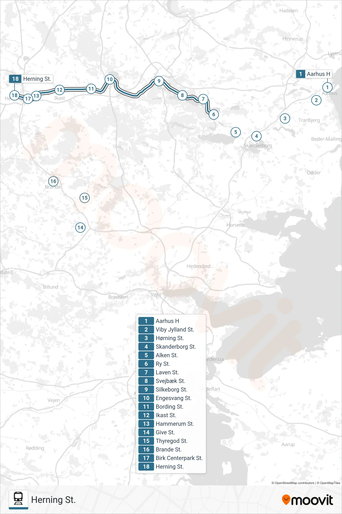 030 jernbane Linje (Herning St.) rute og stop på et kort