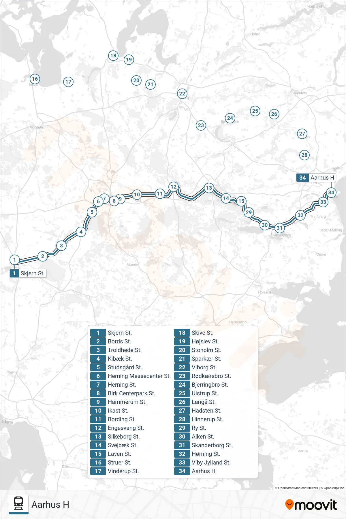 030 jernbane Linje (Aarhus H) rute og stop på et kort